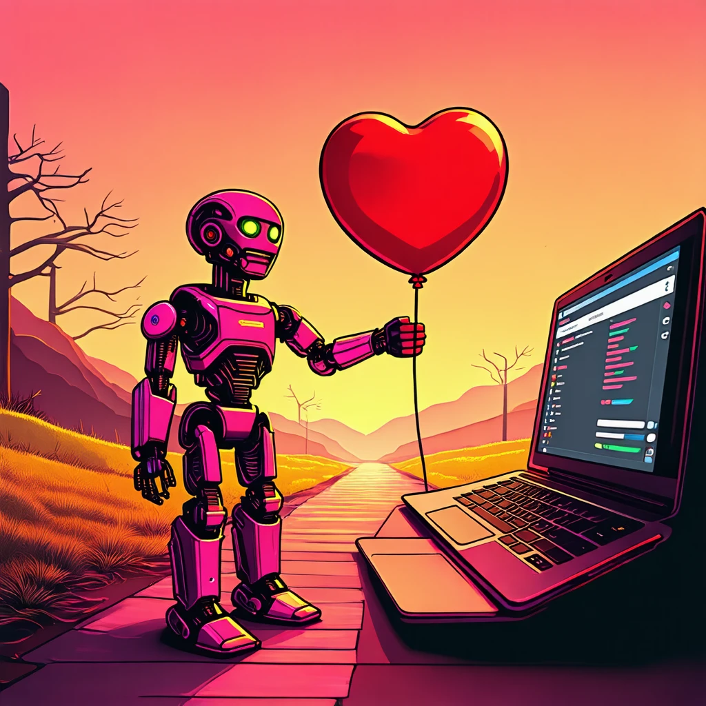 synthwave illustration, A robotic figure stands on a path, holding a red heart-shaped balloon. The setting appears to be outdoors during the day with warm lighting suggesting either sunrise or sunset. There are no visible vehicles in the image; instead, it features technological elements such as an open laptop displaying what looks like a user interface for coding or programming.