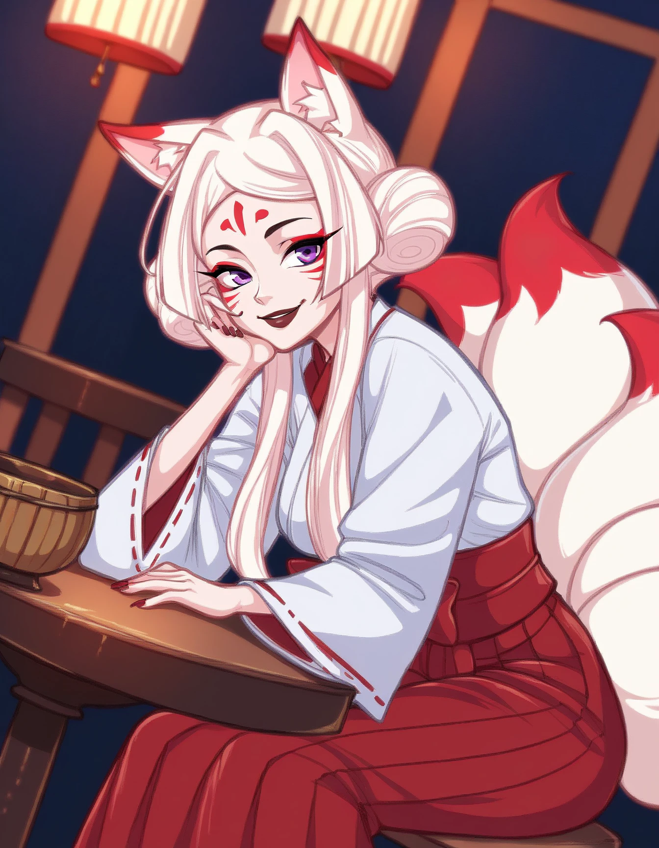 score_9, score_8_up, score_7_up, score_6_up, score_5_up, score_4_up, source_anime
High_Priestess_Kumiko, white hair, animal ears, red makeup, fox tails, white kimono, red hakama, purple eyes, brown lipstick, indoors, smile, looking at viewer, solo, sitting, head rest, table,, cowboy shot, dutch angle
<lora:High_Priestess_Kumiko_XL:0.9>