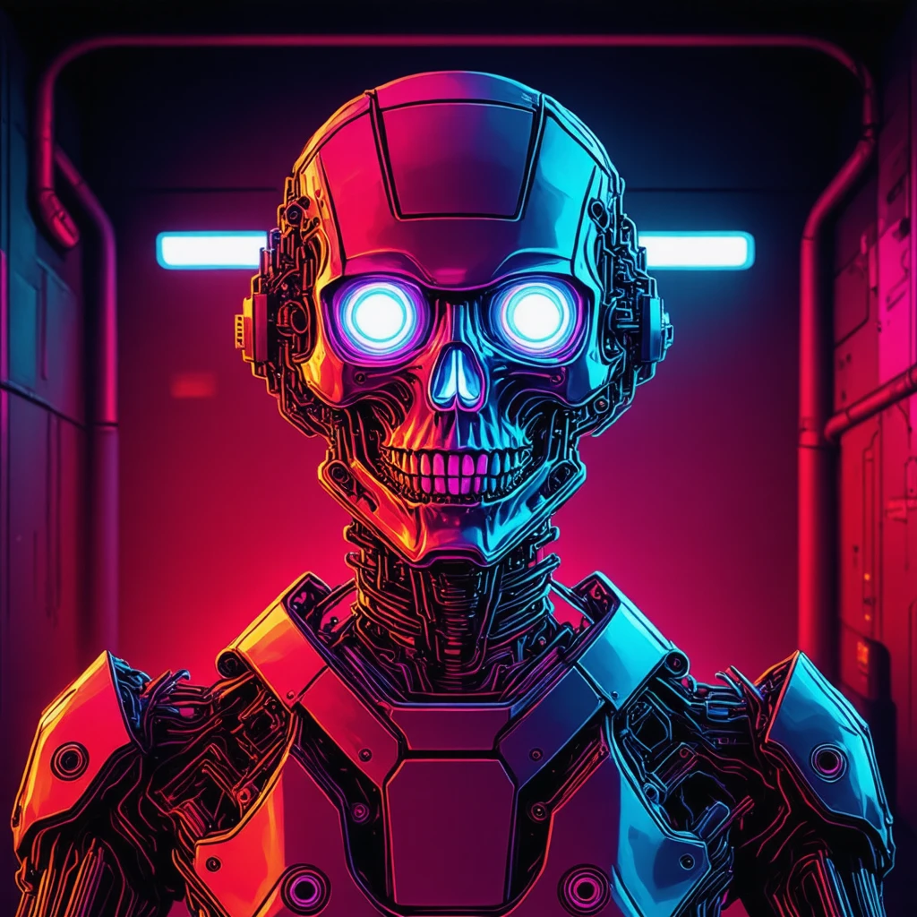 synthwave illustration, A robot with a metallic skull and glowing eyes is the main subject, positioned centrally in an industrial setting. The environment suggests it might be indoors during nighttime or within a controlled light situation due to the artificial lighting visible on its frame. There are no vehicles prominently featured; instead, focus remains on the intricate details of the robotic figure's construction and design elements like bolts, circuitry, and illuminated orbs which add depth and complexity to its appearance.