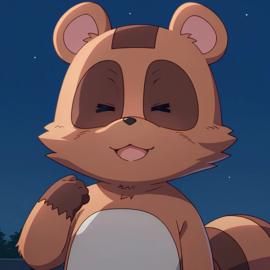 score_9, score_8_up, score_7_up, score_6_up, score_5_up, score_4_up, source_anime, mamedatan, feral, female, tanuki, brown fur, solo, raccoon tail, tail, raccoon ears, animal ears, furry, 1girl, sky, night, star (sky), female focus, night sky, :3, closed eyes, furry female, starry sky, tanuki, body fur, raccoon girl, brown fur, hand up, outdoors, smile, two-tone fur, <lora:22dad5bf-46de-4cf4-9044-4800f87d16c9:0.7>