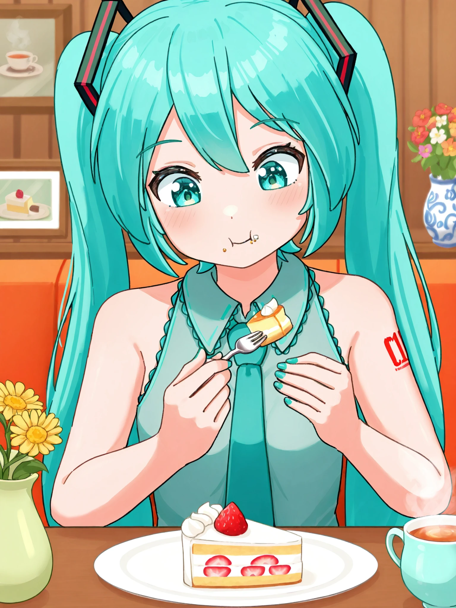 mikahimee,

BREAK, 1girl, hatsune miku, twintails, arm tattoo, aqua nail polish, aqua hair, aqua eyes,

cake slice, plate, holding fork, chewing, eating, tea, steam out of tea, flower vase, restaurant, 

close-up, facing viewer, looking down, 