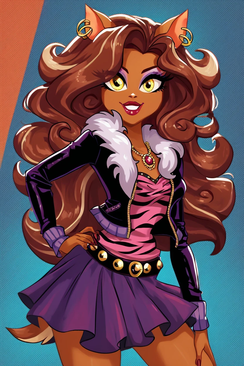 score_9, score_8_up, score_8, medium breasts, (curvy), cute, eyelashes, BREAK, , zzClawdeen, long hair, brown hair, dark skin, animal ears, yellow eyes, jewelry, earrings, makeup, lipstick, eyeshadow, jacket, skirt, belt, necklace, <lora:Clawdeen_MH_PDXL:0.8>, , BREAK, smile, looking at viewer, cowboy shot, ,,, embedding:zPDXL, <lora:theButcherXPDXL:0.8>,