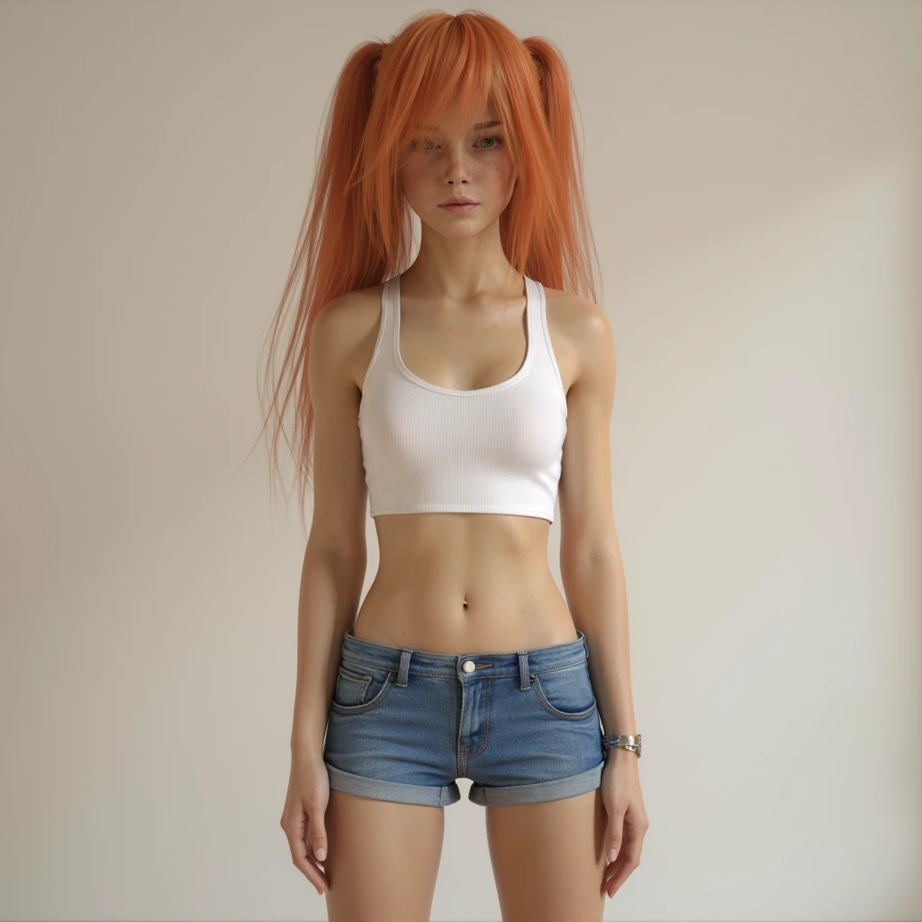 A high-quality photograph of Ellie, a slender 18 year old woman with fiery red hair in twin tails, stands in front view, dressed in a white crop top and denim shorts, a silver bracelet gleaming on her wrist.