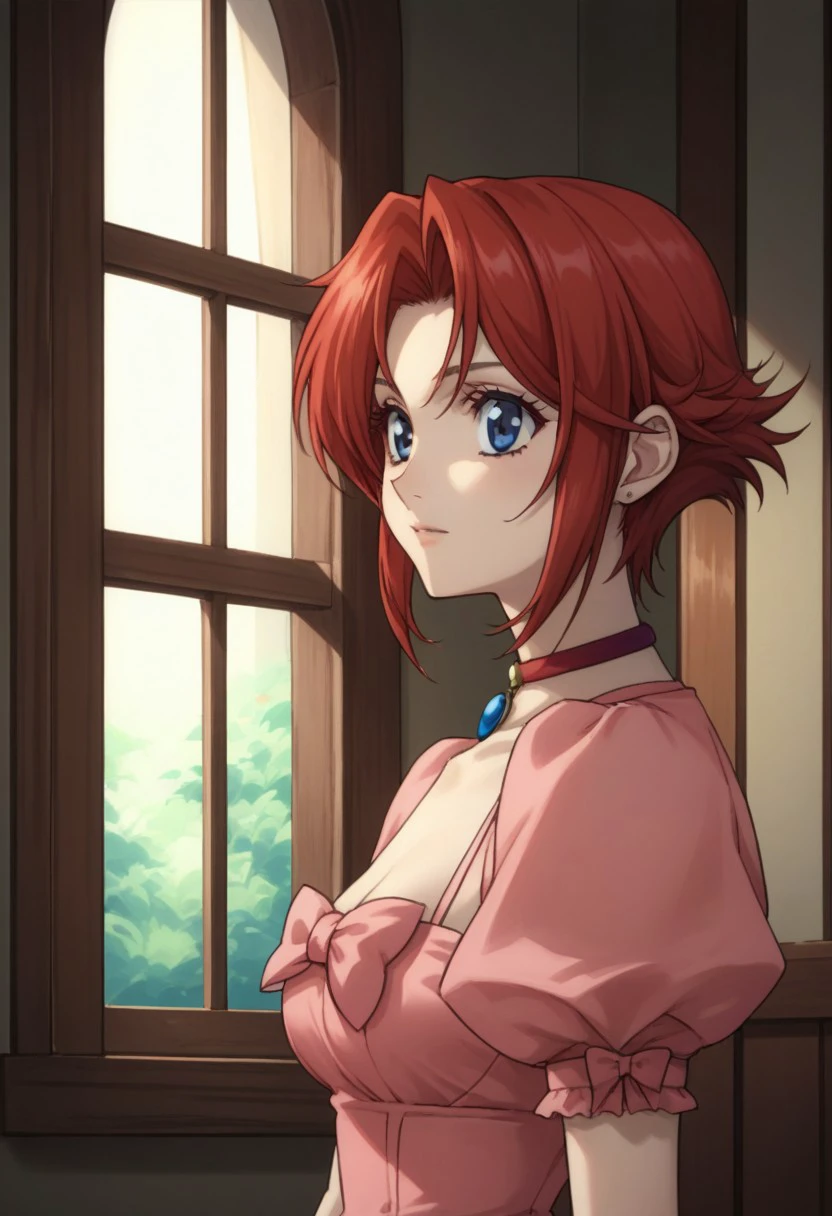 score_9, score_8_up, score_7_up, source_anime, highly detailed, 
esther, 1girl solo, red hair, short hair, blue eyes, jewelry, chocker, dress, pink dress, bow, puffy sleeves,
indoor, window,