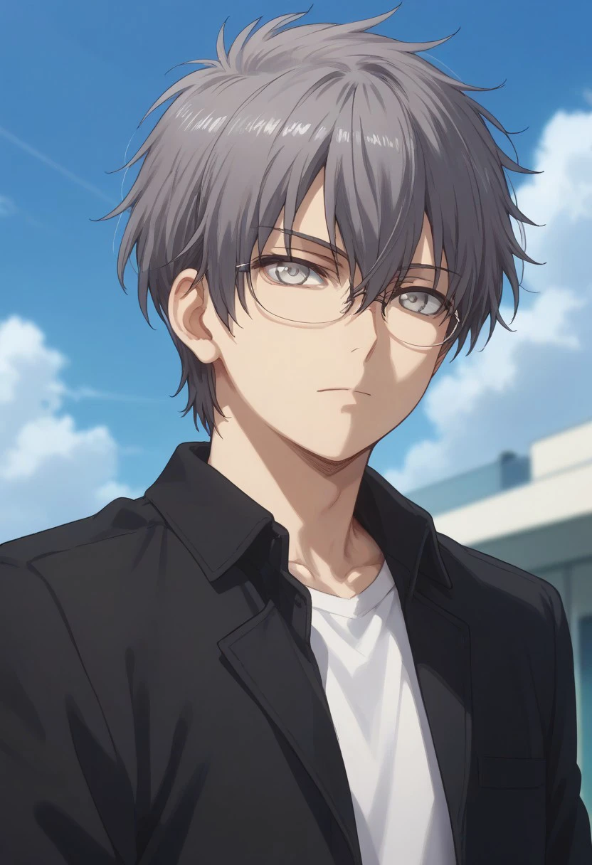 score_9, score_8_up, score_7_up, source_anime, rating_safe, , (realistic:0.6), , depth of field, 1boy, solo, male focus, , shunsuke otosaka,dark grey hair,light gray eyes,hair between eyes,short hair,shirt,white shirt, jacket,black jacket, upper body, open clothes, sky, glasses, day, cloud, blue sky,looking at viewer