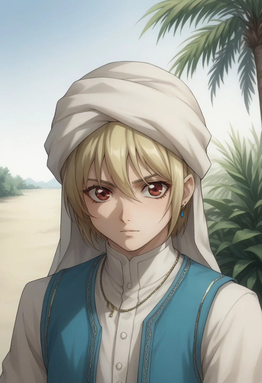 score_9, score_8_up, score_7_up, source_anime, highly detailed, 
ionfortuna, 1boy, male focus, solo, blonde hair, hair between eyes, red eyes, arabian clothes, turban, vest, blue vest, shirt, white shirt, long sleeves, jewelry, earrings, necklace, upper body,
outdoor, palm, shadows,