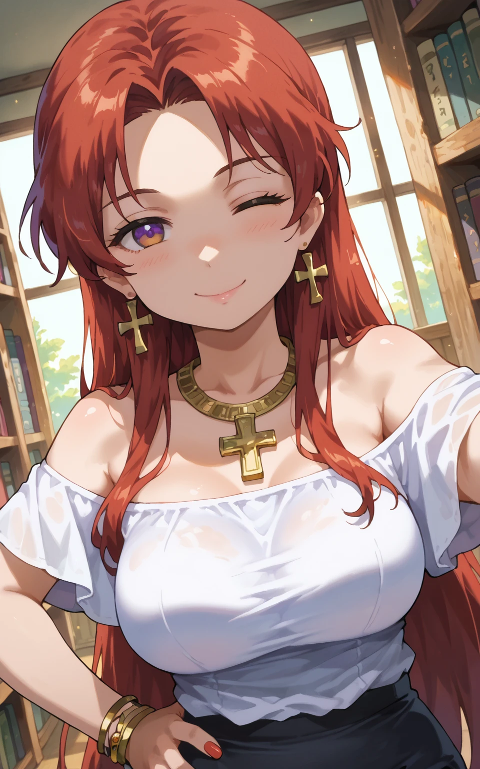 score_9, score_8_up, score_7_up,source_anime,BREAK, (masterpiece, best quality), traditional media, bloom, beautiful, hakum1ko, anime visual,  2d,  fantasy, hyperdetailed, 1girl, selfie,seductive smile, happy, very long hair, straight hair, red hair, victory pose, sideways glance, closed mouth, breast press, orange eyes, purple eyes, chibi, cute, upper body,, mature female, jewelry, off shoulder, bare shoulders, nail polish, half-closed eyes, shiny, portrait, contrapposto, hand on own hip, indoors, library, blouse, pencil skirt, high heels, watson cross, expressive, fun, floating particles, wink, shiny, more detail XL, (extremely detailed background, moody lighting, dark, shaded face, shadow, (dutch angle), natural lighting, color coordination