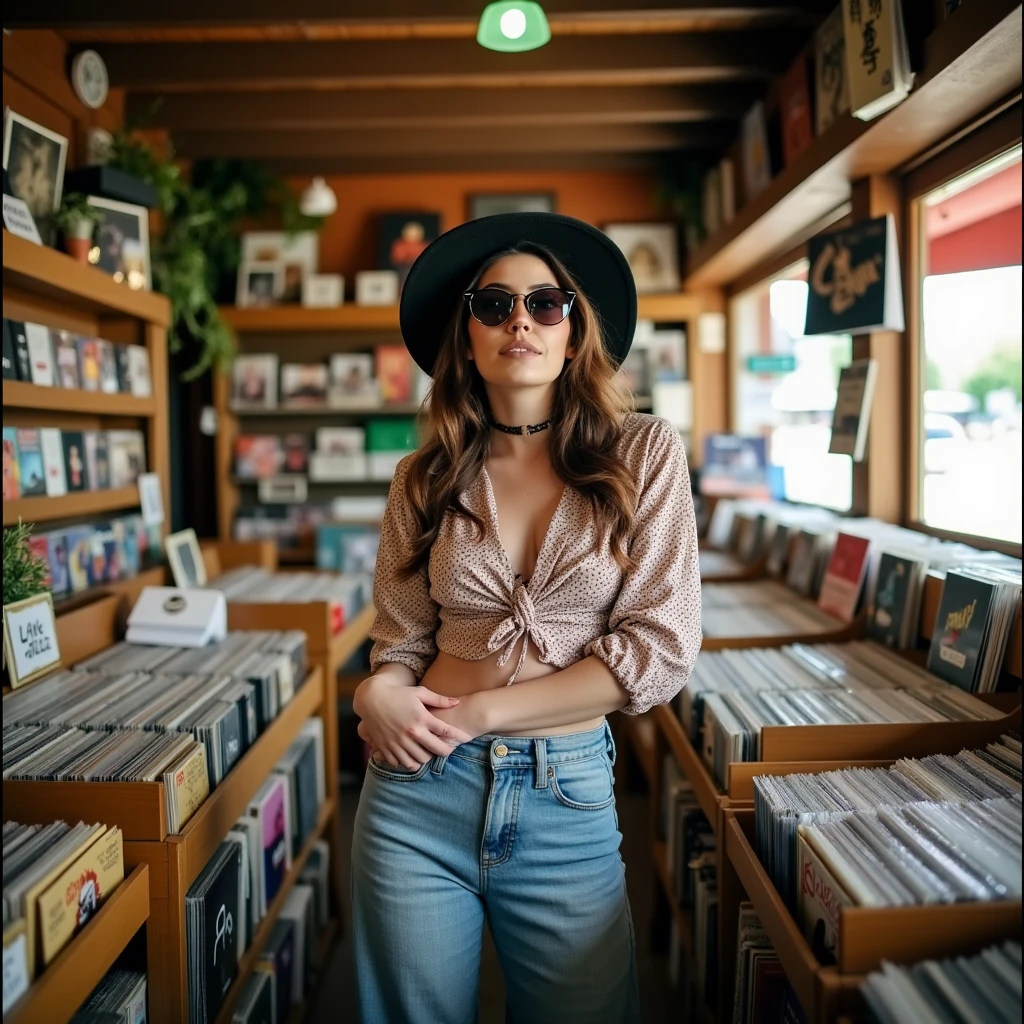 cinematic, masterpiece, ultra detailed textures and colors, 8k, a beautiful woman in a vintage vinyl shop, surrounded by records and retro decor. She wears a fitted, patterned blouse with high-waisted jeans, accessorized with oversized sunglasses and a floppy hat. Use natural light filtering through the shop windows to create a nostalgic vibe. A 35mm lens will give a slightly wider view, capturing her playful pose as she sifts through records, embodying the spirit of indie music culture..,bshp,bbriggs,bshbrs