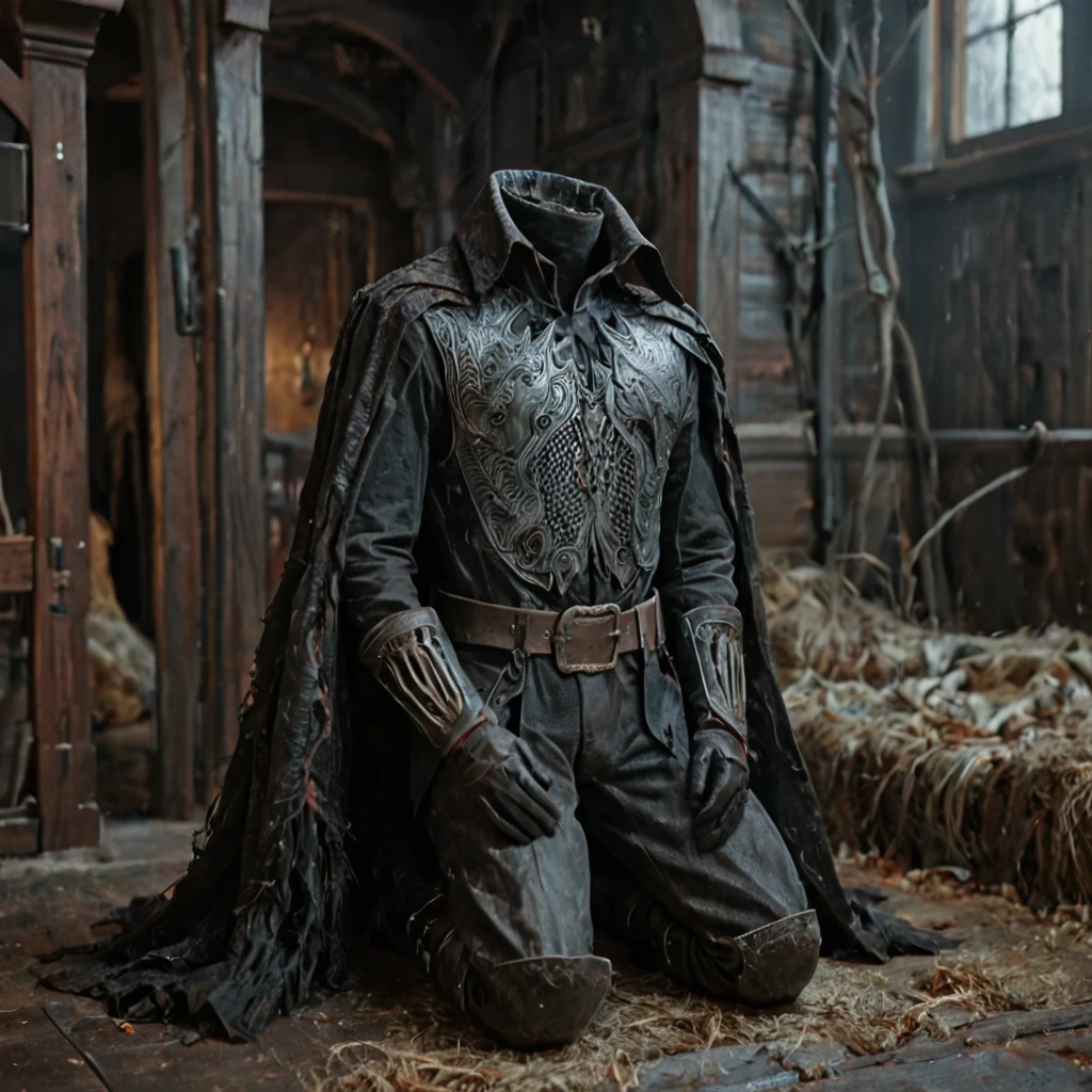 , score_9, score_8_up, score_7_up, intricate details, , dark setting,sleepy hollow, 
<lora:headless_horseman:.7> horseman, armor, gauntlets, (headless:1.2), belt, boots, cape, dark, random pose, kneeling, headless horseman, 
depth of field, detailed background,
<lora:ral-chrosc-clr:0.5>, ral-chrosc-clr,
<lora:xl_more_art-full_v1:0.3>,
<lora:add-detail-xl:0.3>