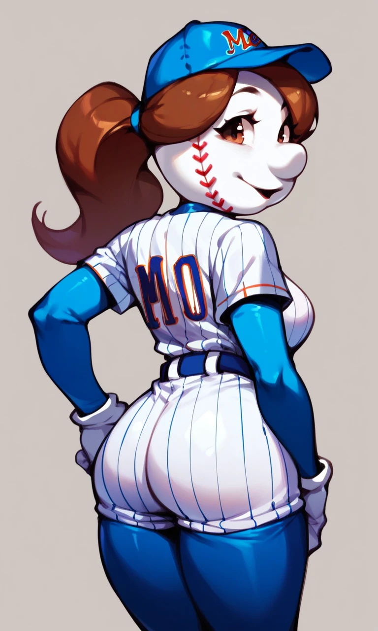 score_9, score_8_up, score_7_up, Mrs.Met, 1girl, big nose, white skin, white body, brown hair, ponytail hair, baseball uniform, blue baseball cap, baseball head, blue leggings, blue arm sleeves