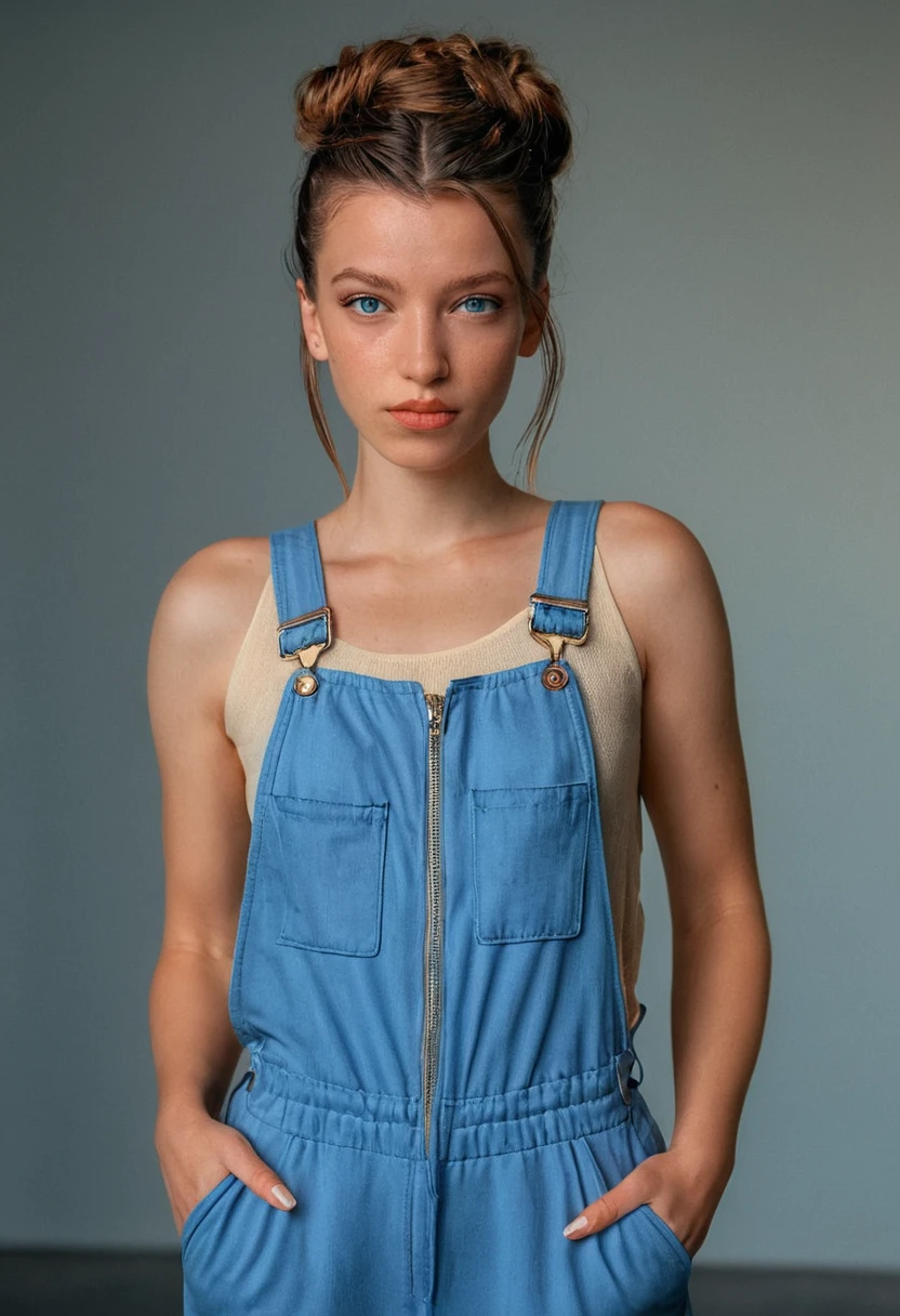 fashion photography, A (portrait, upper body focus) photograph of (1girl, 21 years old, slight smile, <lora:ZH_MissBoArblic_v1SDXL:1>, zh_missboabrlic, solo, long hair, realistic, brown hair, looking at viewer, lips, blue eyes) wearing (jumpsuit, make up), twin hair updo,