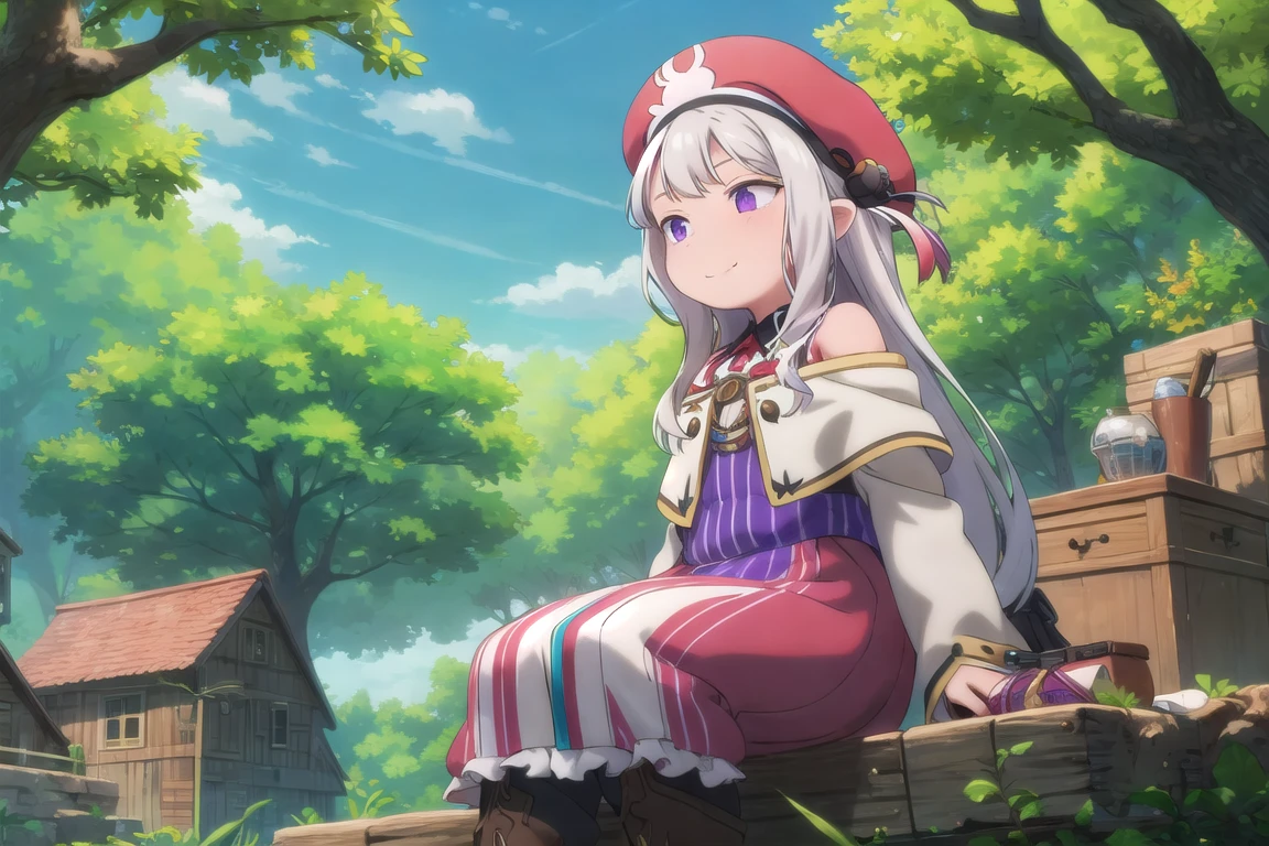 (masterpiece, best quality:1.3), mature female,  beautiful,  anime visual,  2d,  hyperdetailed, 1girl, beautiful,  long hair, bangs, purple eyes, white hair, nature, scenery, light smile, sitting, tree, house, beret,  striped, 1girl,   game character concept,  jrpg,  800mm lens,  off shoulder, cloak, half updo, sharp focus, shirt, depth of field,  volumetric lighting,  (stylish),  purple eyes,  (pinup:0.5),  multicolored theme,  forest, puffy pants, boots,  studio lighting,  <lora:hakumiko-09:0.8>