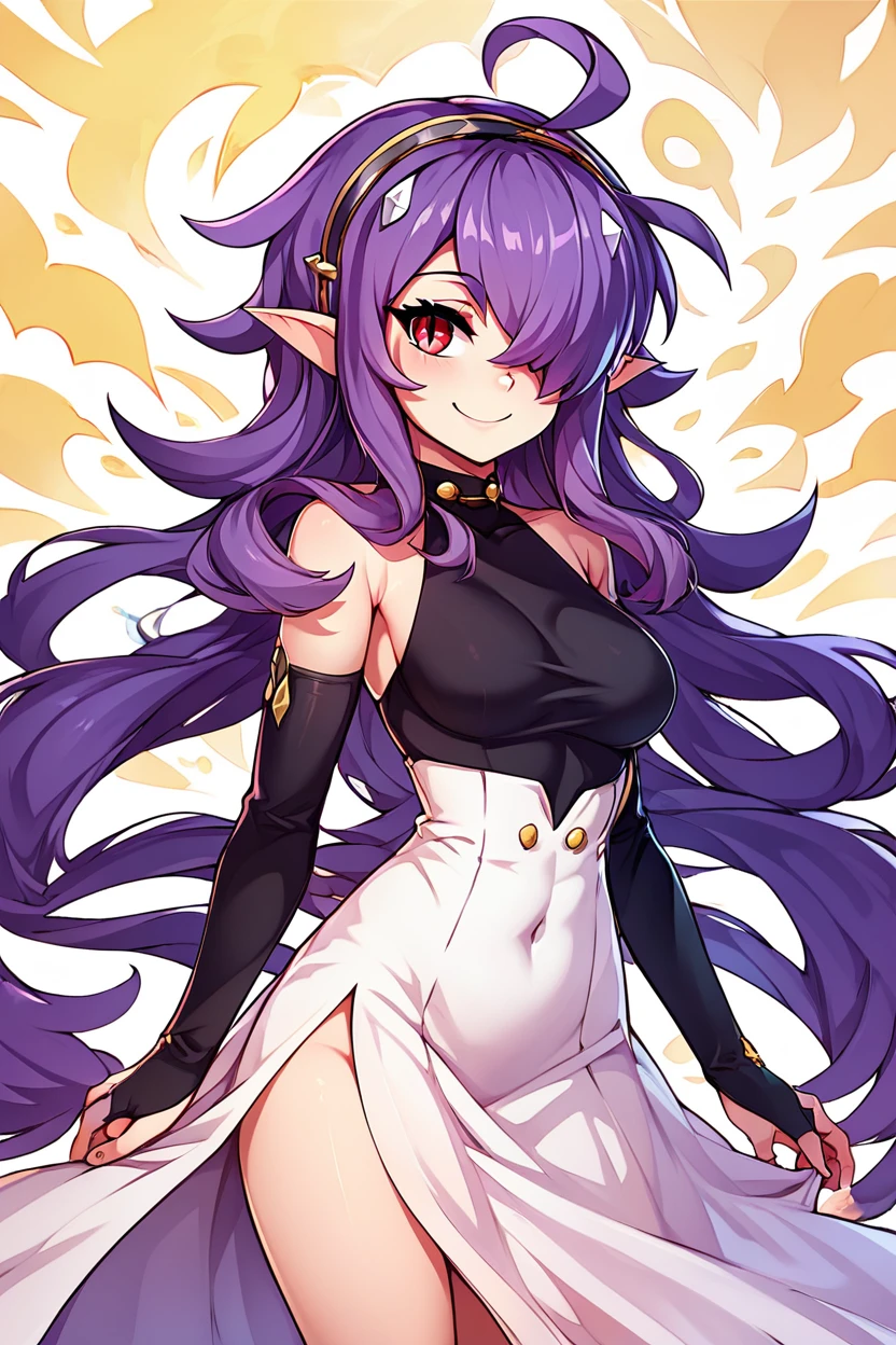 score_9, score_8_up, score_8, medium breasts, (curvy), cute, eyelashes,       ,,, , ,,, zzAsuramaru, long hair, pointy ears, hair over one eye, ahoge, red eyes, purple hair, very long hair, hairband, backless dress, dress slit, bridal gauntlets,  <lora:Asuramaru_OwariSeraph_PDXL:1.0>,  ,,,, BREAK, smile, looking at viewer, ,,, abstract background, white outline, cowboy shot, ,,, embedding:zPDXL, Expressiveh, ,,, <lora:CatalystStylePDXL:0.6>, <lora:SDXLFaeTastic2400:0.5>, <lora:Expressive_H-000001:0.4>,