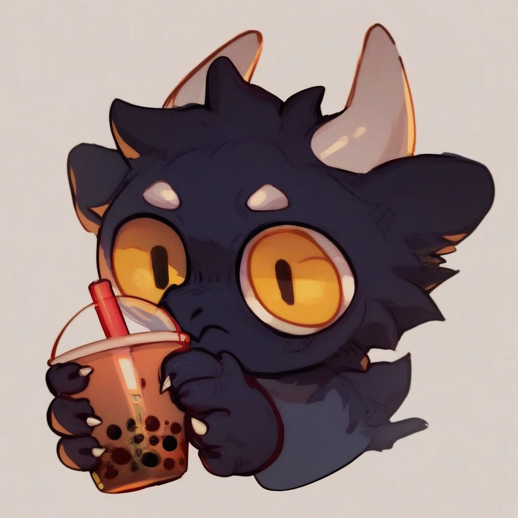 score_9_up, score_8_up, score_7_up, mikus-style, emoji, stickers, black fur, dragon, white horns, yellow eyes, holding, bubble tea