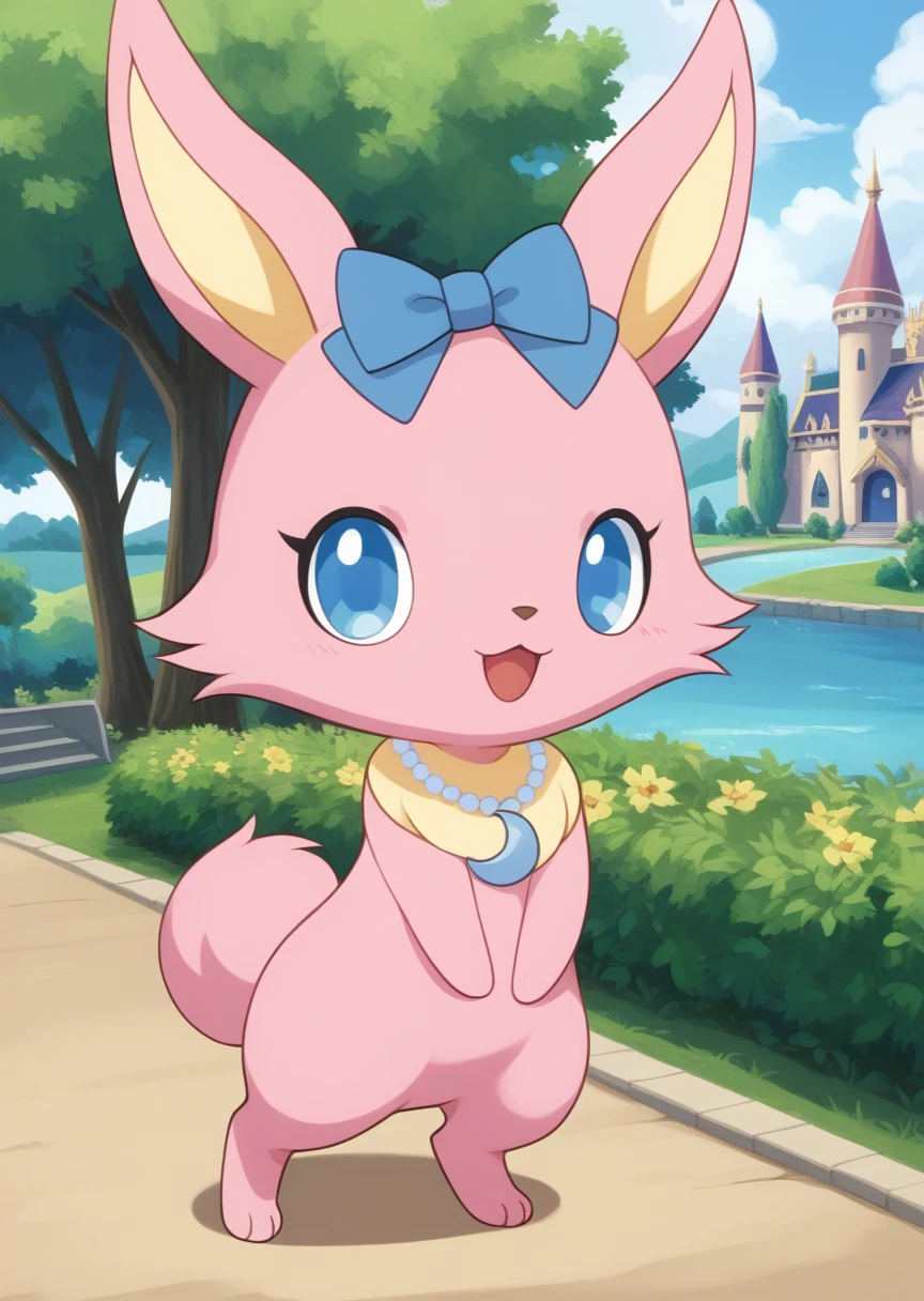 score_9, score_8_up, score_7_up, score_6_up, score_5_up, BREAK
Lun4, anthro, female, Jewelpet, solo, blue eyes, bow, jewelry, standing, full body, hair bow, necklace, gradient, no humans, castle, crescent, smile, happy, pink fur, looking at viewer, open mouth, park