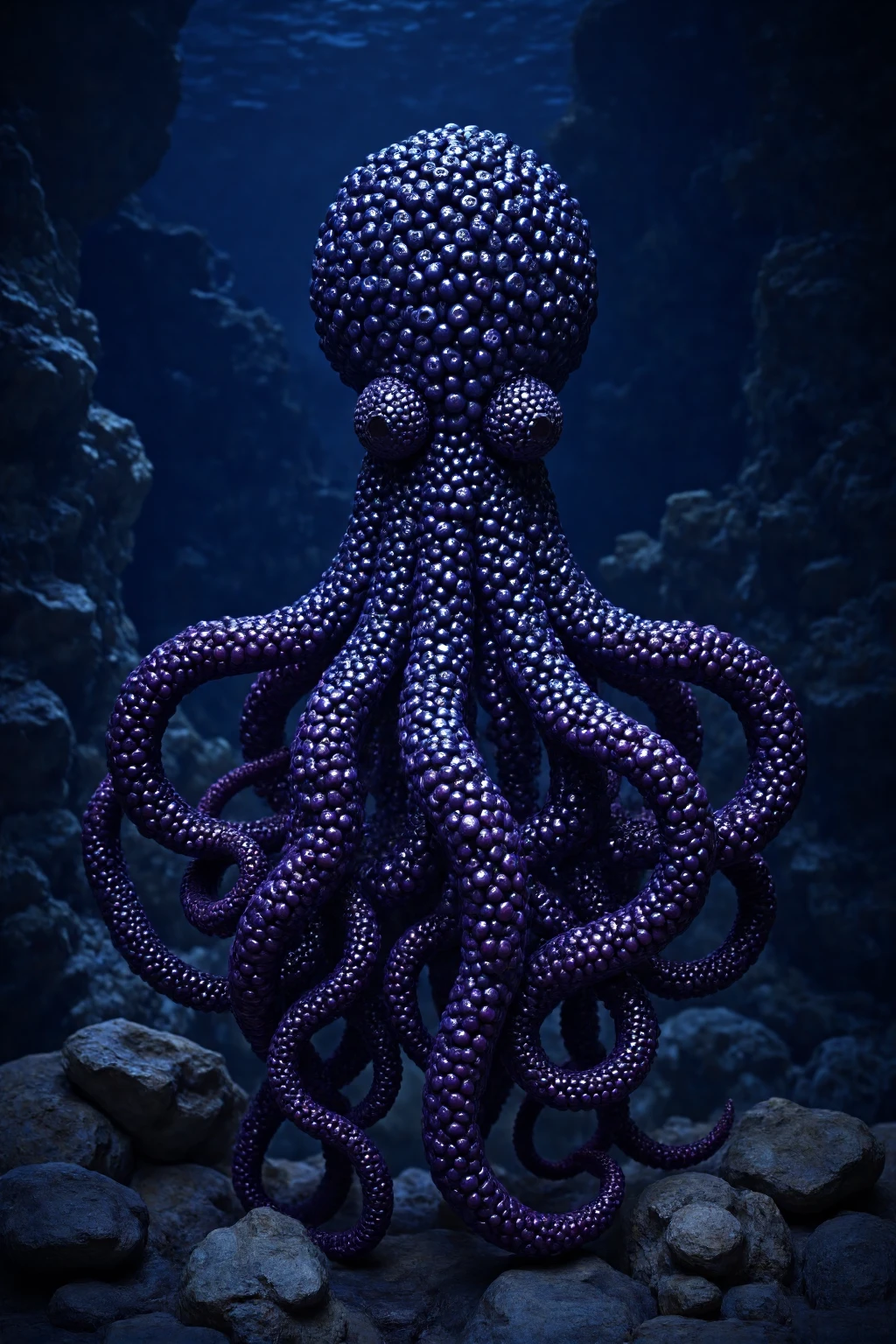 Fruitmix_flx,Realistic octopus sculpture crafted entirely from blackberries,with each tentacle formed from clusters of blackberry segments,showing the bumpy texture and rich dark purple color. The octopus's head is also made from blackberries,creating a seamless organic texture. Set against a rocky underwater backdrop,with dim lighting that enhances the deep purple hue and surreal blend of blackberry and marine life