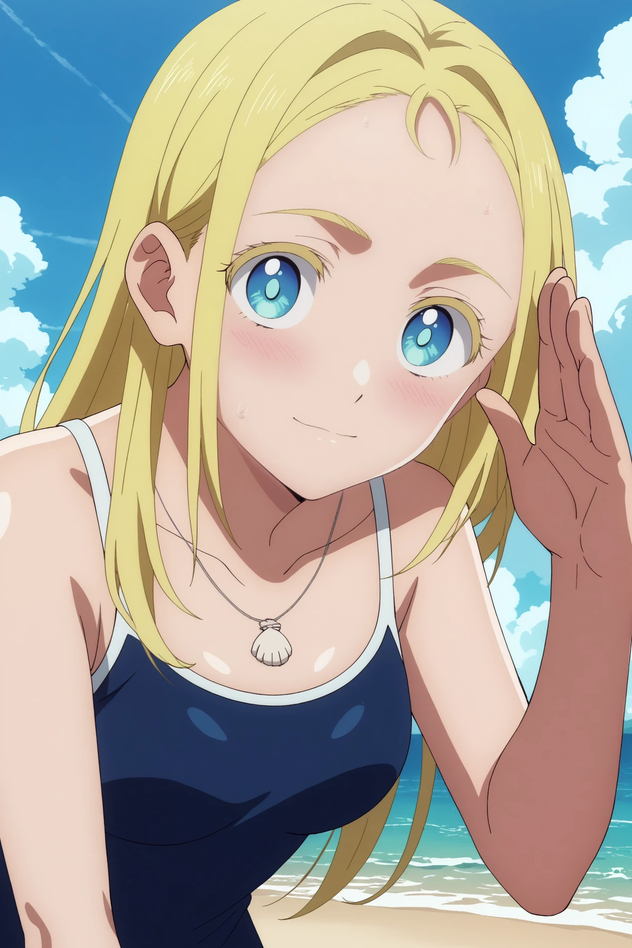 {{kofune ushio}}, {summertime render}, shining sky blue eyes, long blonde hair, medium breasts, blue one-piece swimsuit, bare shoulders, bare legs, school swimsuit, shell pendant, (Top view:1.2),(A face waiting for a kiss:1.3), (blush:1.5), 1girl, solo,very aesthetic, best quality, amazing quality, curated, illustration, highly detailed, anime coloring,close up face
BREAK Super detailed, Official Art, unity 8k wallpaper, Night sea background
BREAK
Golden Hour, (Rim Light):1.2, Warm tones, Solar flare, Soft Shadows, Vibrant colors, Painterly effect, Dream-like atmosphere
BREAK
Beautiful sea, Calm water, reflection, Clouds illuminated by the moon, Peaceful atmosphere, Beautiful starry sky, Super detailed, Official Art, unity 8k wallpaper , (nsfw:1.3)