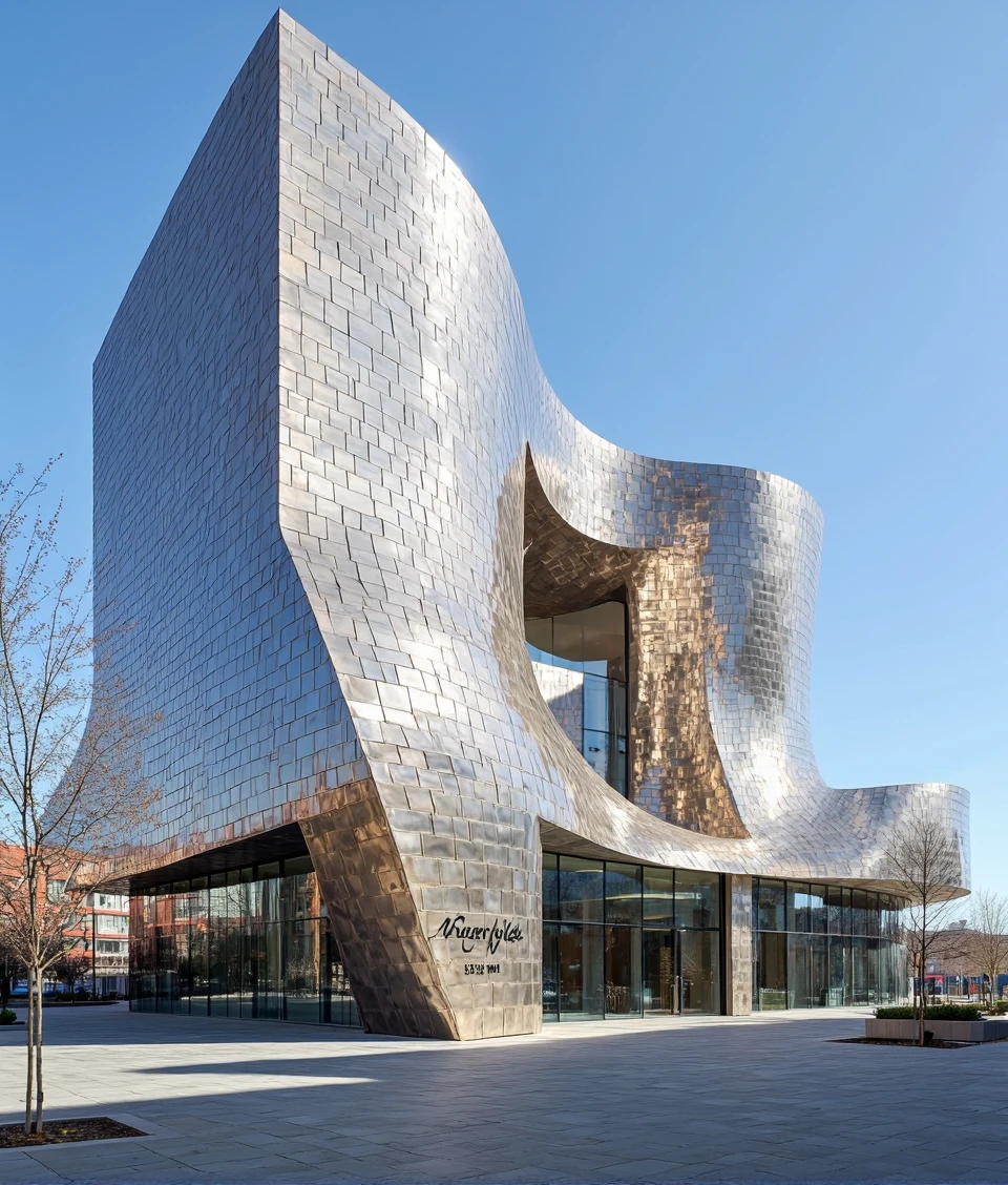 buildingbylaushine,FrankGehry-in-cuprum,exterior of a massive huge shopping mall building in cityscape, 