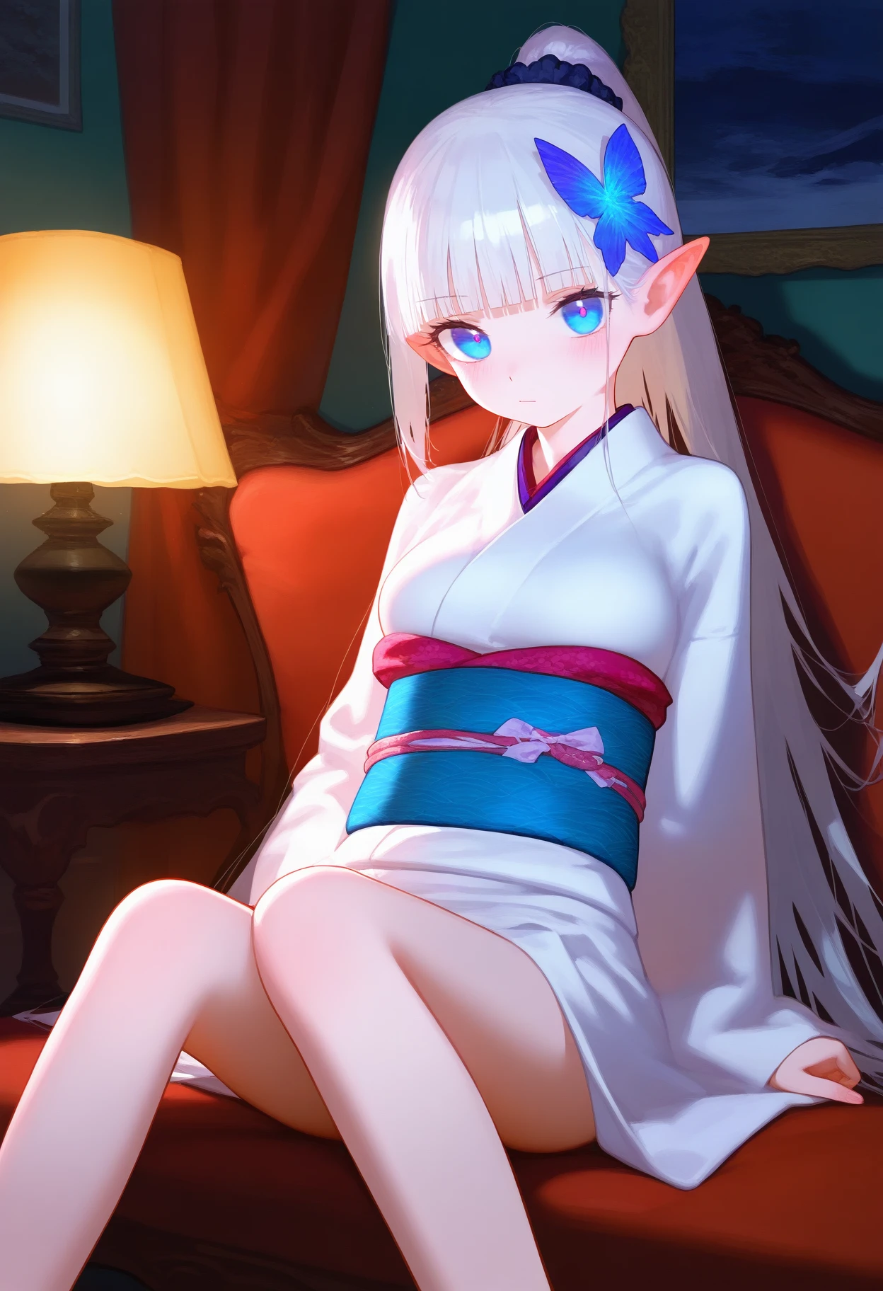 masterpiece, best quality, good quality,
1girl, solo, long hair, looking at viewer, blush, blue eyes, long sleeves, hair ornament, closed mouth, medium breasts, very long hair, sitting, white hair, ponytail, japanese clothes, pointy ears, indoors, blunt bangs, kimono, sash, feet out of frame, chair, obi, scrunchie, curtains, hair scrunchie, white kimono, lamp, picture frame
<lora:flutecocktail_noob_vpred_v1:1>