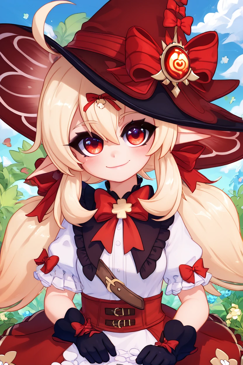 score_9, score_8_up, score_8, medium breasts, (curvy), cute, eyelashes,       ,,, , ,,, zzKlee, hair between eyes, red eyes, ahoge, blonde hair, long hair, low twintails, pointy ears, twintails, witch hat, bow, gloves, short sleeves, black gloves, alternate costume, sidelocks, hat bow,  <lora:KleeBlossomingStarlight_Genshin_PDXL:1.0>,  ,,,, BREAK, smile, closed mouth, looking at viewer, cowboy shot,  ,,, embedding:zPDXL, Expressiveh, ,,, <lora:MantisStyle_PDXL_v2:0.8>, <lora:SDXLFaeTastic2400:0.5>, <lora:Expressive_H-000001:0.4>,