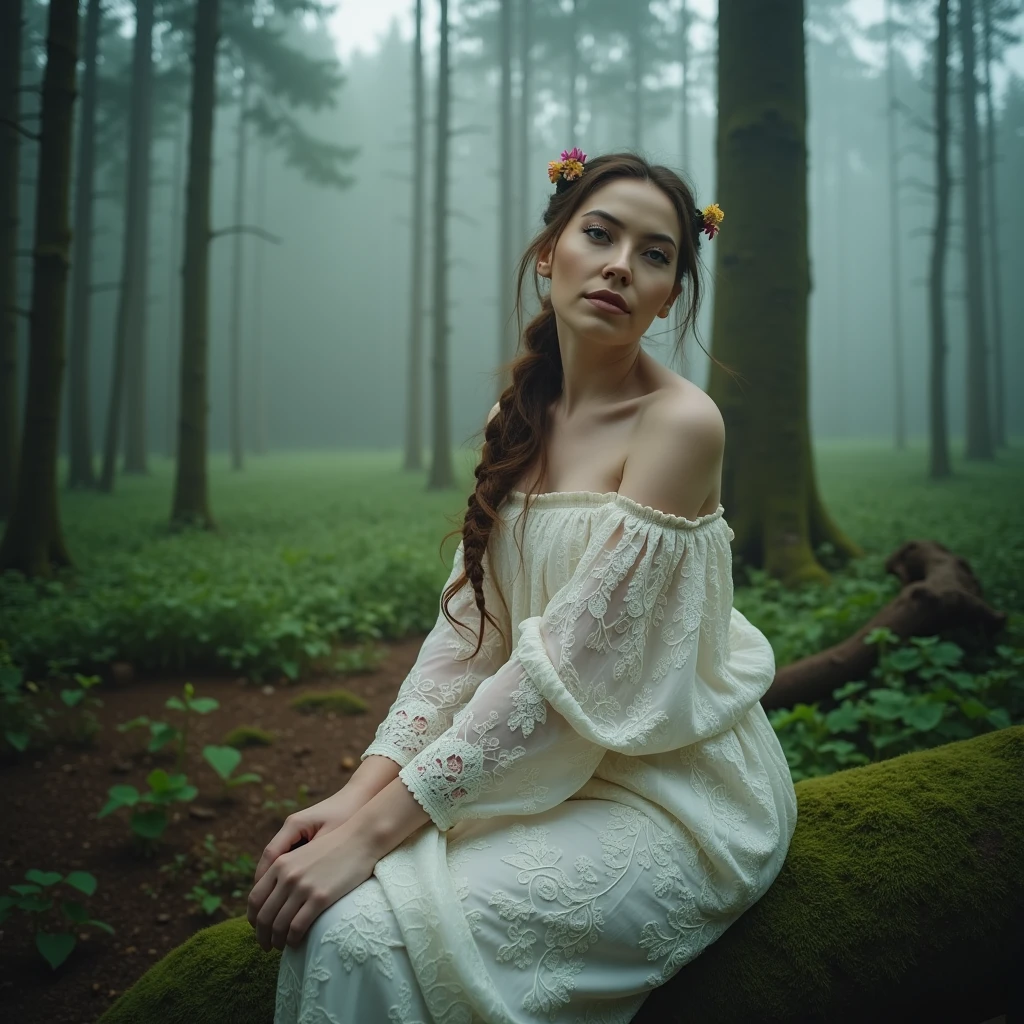 cinematic, masterpiece, ultra detailed textures and colors, 8k, a beautiful woman in a misty forest, where she sits on a moss-covered log, surrounded by tall trees. Dressed in an ethereal white lace gown, her hair is styled in a loose braid adorned with wildflowers. Use soft, diffused lighting to create a dreamy atmosphere, highlighting her gentle features with natural makeup. A soft-focus lens will capture the magical ambiance, evoking feelings of tranquility and connection to nature,bshp,bbriggs,bshbrs