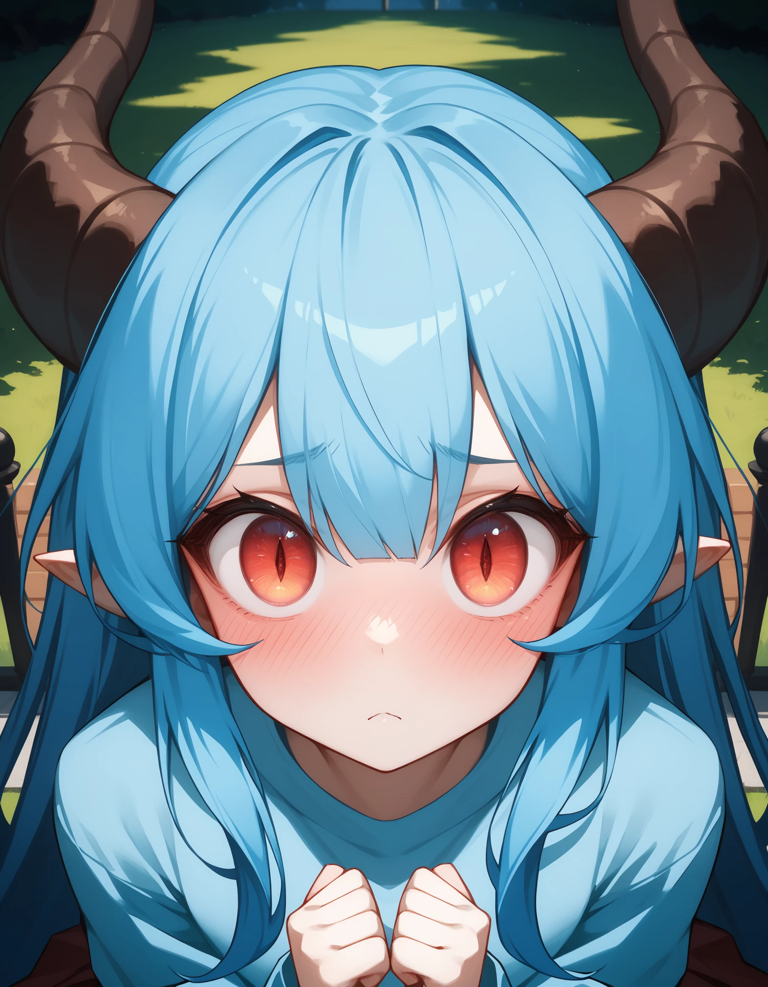 score_9, score_8_up, score_7_up, score_6_up, 1girl, grea, dragon tail, standing, slit pupils, park, out of frame, (from above:0.6), blush, (extreme close-up:1.3), foreshortening, (extreme face close-up:1.3), big eyes, round eyes, cute face, round face, pleading face, frown, worried, hands to chest, clenched hands, looking at viewer, eye reflection, light blue shirt, oversized shirt, fisheye, perfect hands, <lora:Grea_v3a_prod_mrnoise:1.0>