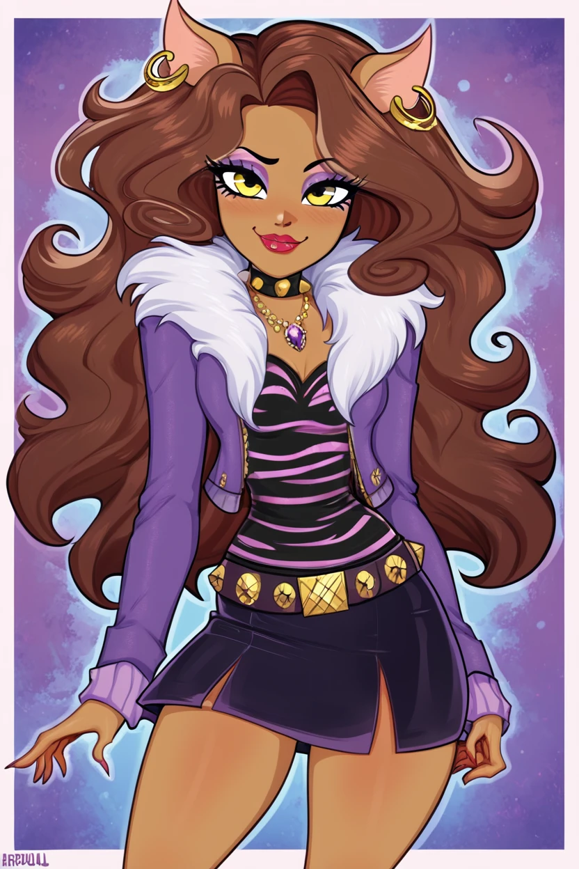 score_9, score_8_up, score_8, medium breasts, (curvy), cute, eyelashes, BREAK, , zzClawdeen, long hair, brown hair, dark skin, animal ears, yellow eyes, jewelry, earrings, makeup, lipstick, eyeshadow, jacket, skirt, belt, necklace, <lora:Clawdeen_MH_PDXL:0.8>, , BREAK, <lora:Afrobull_PDXL_v4:0.8>, ,,, BREAK, smile, looking at viewer, closed mouth, cowboy shot, ,,, embedding:zPDXL, Expressiveh, ,,, <lora:SDXLFaeTastic2400:0.5>, <lora:Expressive_H-000001:0.4>,