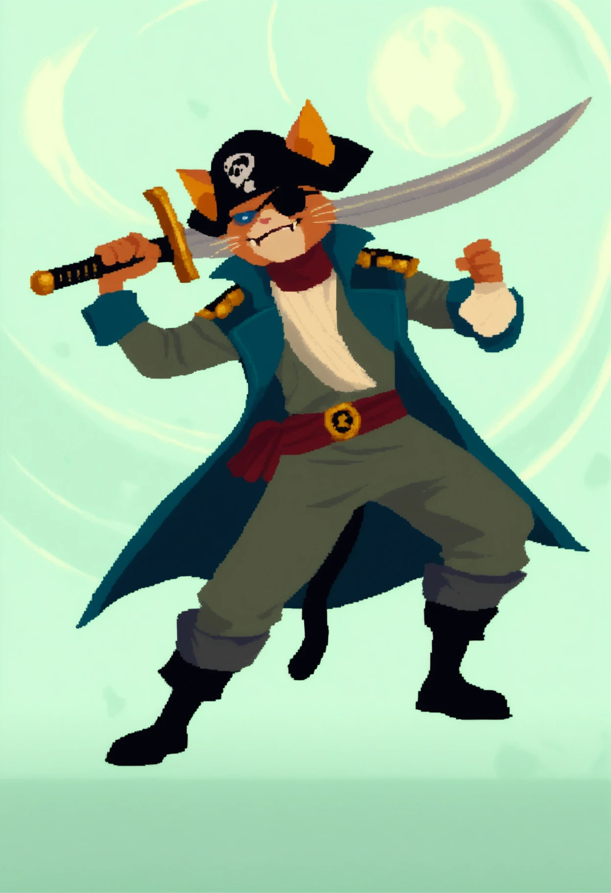 ootwstyle, safe_pos, score_9, score_8_up, score_7_up, 1boy, pirate captain, cat, solo, anthro, evil, fangs, eyepatch, holding, sword, pirate ship