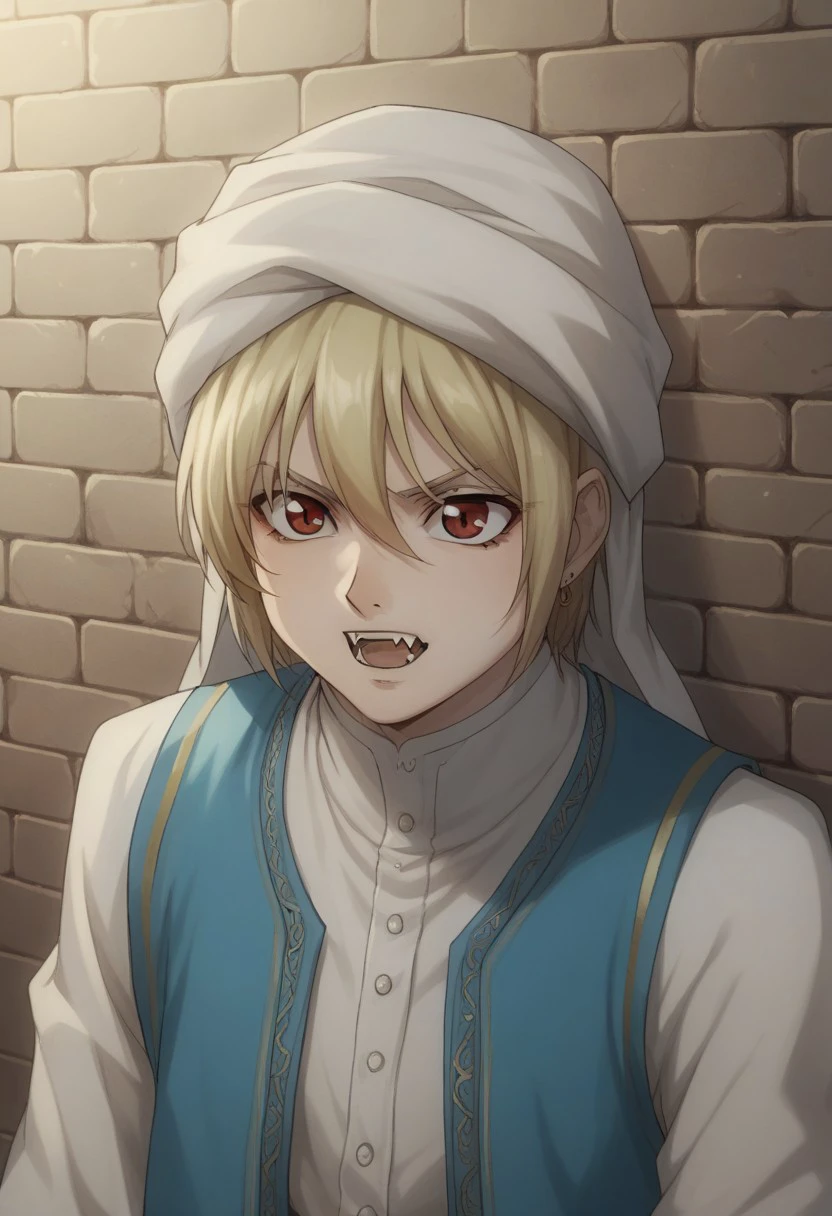 score_9, score_8_up, score_7_up, source_anime, highly detailed, 
ionfortuna, 1boy, male focus, solo, blonde hair, hair between eyes, red eyes, arabian clothes, turban, vest, blue vest, shirt, white shirt, long sleeves, jewelry, earrings, necklace, upper body, vampire, fangs, open mouth,
outdoor, dark, shadows, night, wall, bricks,