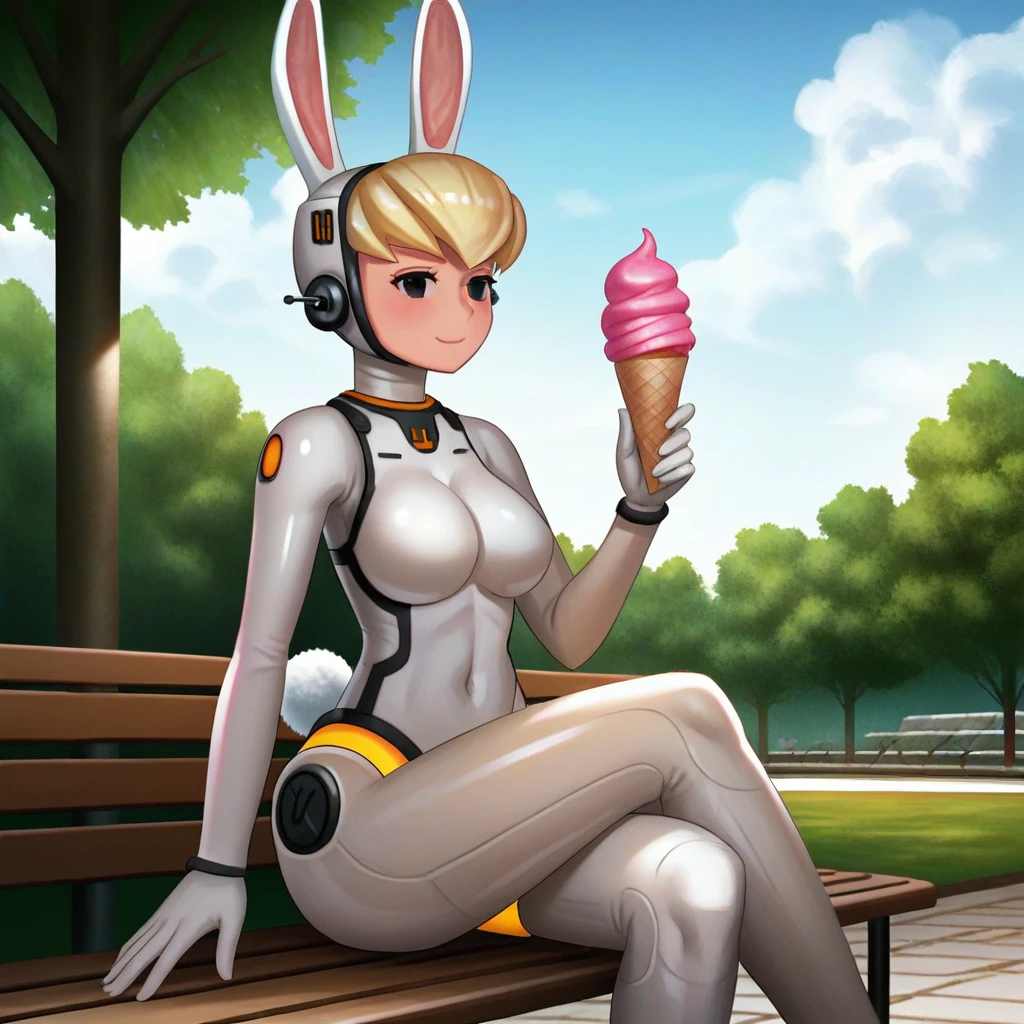 score_9, 2d, anime, luxury spa, (digital artwork), high quality, beautiful, detailed, park, bench, ((solo)), buffy-sugo, ((white body)), robot, robot joints, white helmet, short hair, blonde hair, black eyes, rabbit ears, rabbit tail, (orange glowing elements:1.2), sitting, crossed legs, holding ice cream, eating ice cream