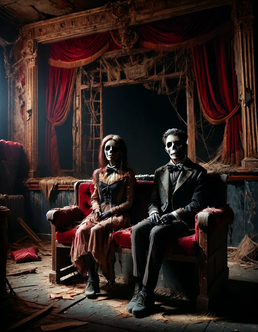 ral-hrthtr ghostly couple in decayed formal attire, seated in haunted box seats high above stage, red velvet cushions torn, carved wooden panels with twisted faces, eerie shadows
<lora:ral-hrthtr-sdxl:1>