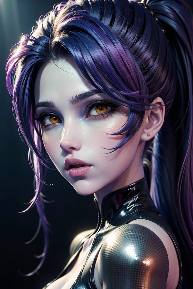 A stunning and intricate full color Ultra-HD portrait, young girl, long purple hair with ponytail, yellow eyes, perfectly detailed face, wearing a black dress, epic character composition, alessio albi, nina masic, sharp focus, natural lighting. . , subsurface dispersion, f2, 35mm,