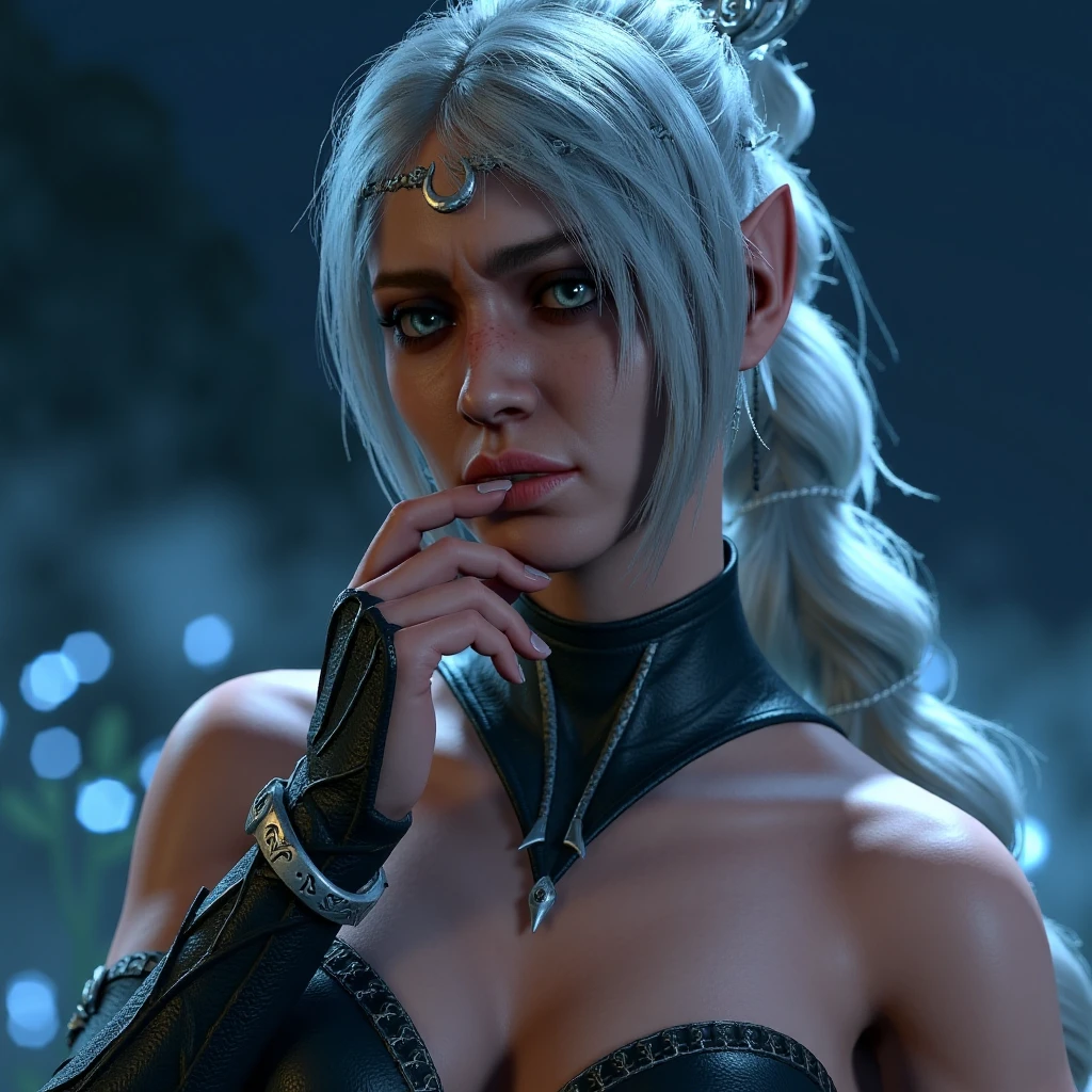 A close-up of a female character with silvery hair loosely cascading around her face, her eyes filled with a mix of desire and intrigue. She wears a dark, fitted leather top with intricate, vine-like patterns that trace down her neckline, accentuating her bare shoulders under the moonlight. Her silver circlet glimmers faintly, adding a hint of enchantment to her mystical allure. She stands close, her hand gently raised to her lips, as though lost in a quiet, intimate moment. The background is a starlit night with soft, glowing mist swirling around, creating a dreamy and sensual atmosphere.