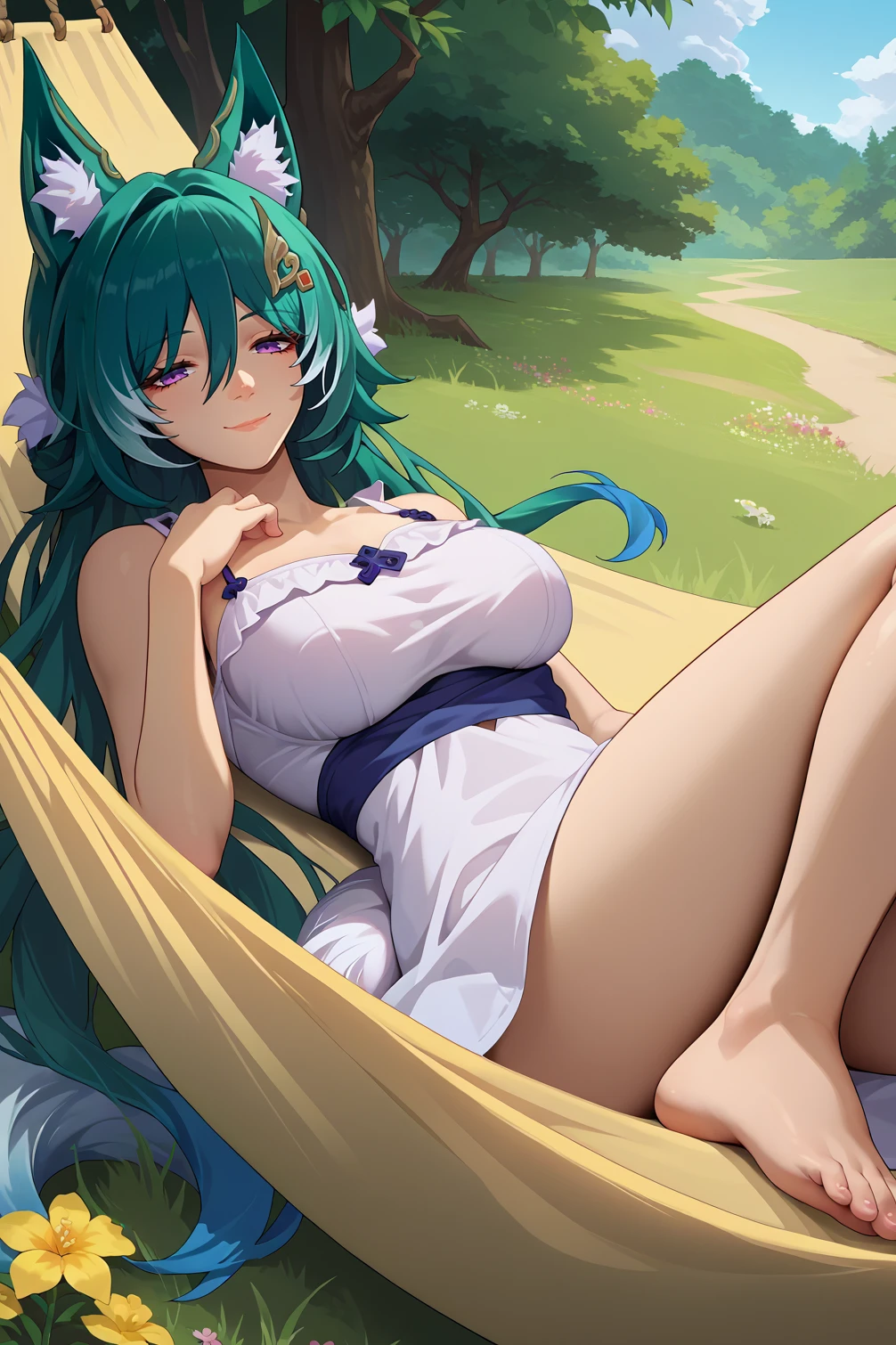 nsfw, visible breasts and pussy, open legs, (masterpiece, best quality),1girl with long white hair sitting in a field of green plants and flowers, her hand under her chin, warm lighting, white dress, blurry foreground