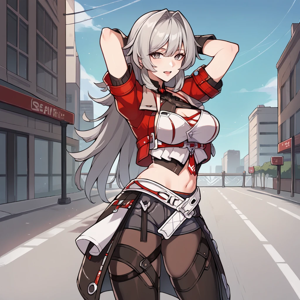 score_9_up, score_8_up, score_7_up, source_anime, 1girl, solo, cityscape, street view, (walking)++, hands behind head, looking at you, open mouth, interested, Helia, mature body, long hair, grey hair, white crop top, midriff, black pantyhose, short shorts, tattoo, black shorts, black skirt, jewelry, white skirt, grey eyes, two-tone skirt, open skirt, thigh boots, black footwear, grey shorts, black glove, asymmetrical sleeves, mismatched sleeves, white sleeve, single long sleeve, short sleeves, red sleeves, legwear under shorts, necktie, layered sleeves, red jacket, cropped jacket, black collar, cleavage cutout, halterneck, red strap, white belt, underbust, dynamic cowboy shot,