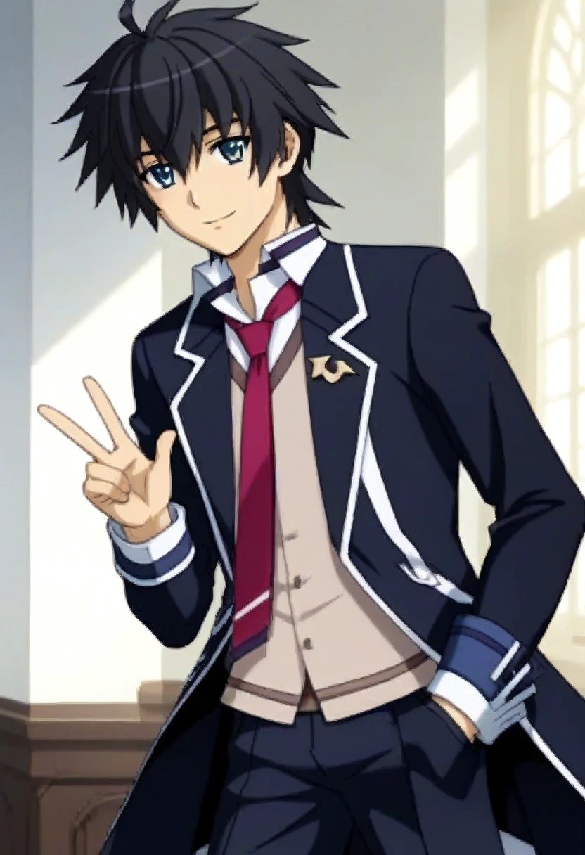 ((masterpiece)), ((best quality)), ((ultra-detailed)), ((absurdres)), score_9_up, score_8_up, score_7_up,
HD, top quality, best quality, amazing quality, High-quality illustrations, anime screencap, source_anime, best aesthetic, perfect proportions, perfect eyes, 1boy, 1male, solo boy, solo male, male focus, solo male focus, Anime, boy, male anime character, anime boy, handsome, sexy, cute, charming, ((tall, tall body, tall height)), ((lean body, slim body)), ((looking at front, looking at viewer)), ((front shot, front view, view from front)), Kanata Age, black hair, blue eyes, long black blazer coat, red necktie, fingerless glove, black pants, updn, easynegative, neghands, Expressiveh, ((cowboy shot, head to hips shot)), ((small smile)), ((V sign, V fingers,✌️gesture))