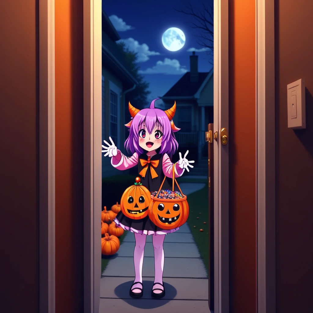 trick or treat, handing out candy, doorway, cute, anime