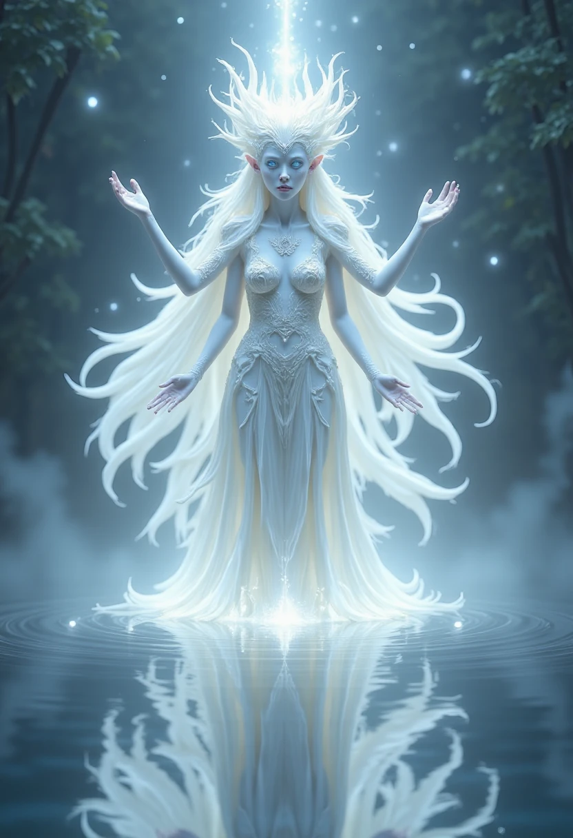 alabaster, A woman with alabaster skin and silver hair, draped in a translucent gown, surrounded by ethereal orbs of light. She floats above a serene lake at night, her reflection perfectly mirrored in the water. The scene is magical and dreamlike, echoing the otherworldly elegance of fantasy illustration found in modern digital art.