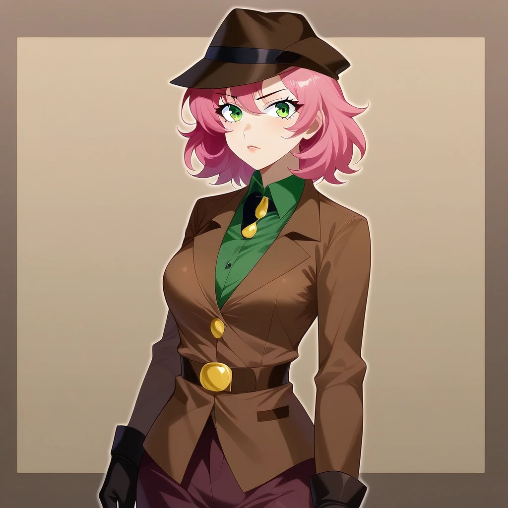 1girl, solo, Susie, Detective, short pink hair,