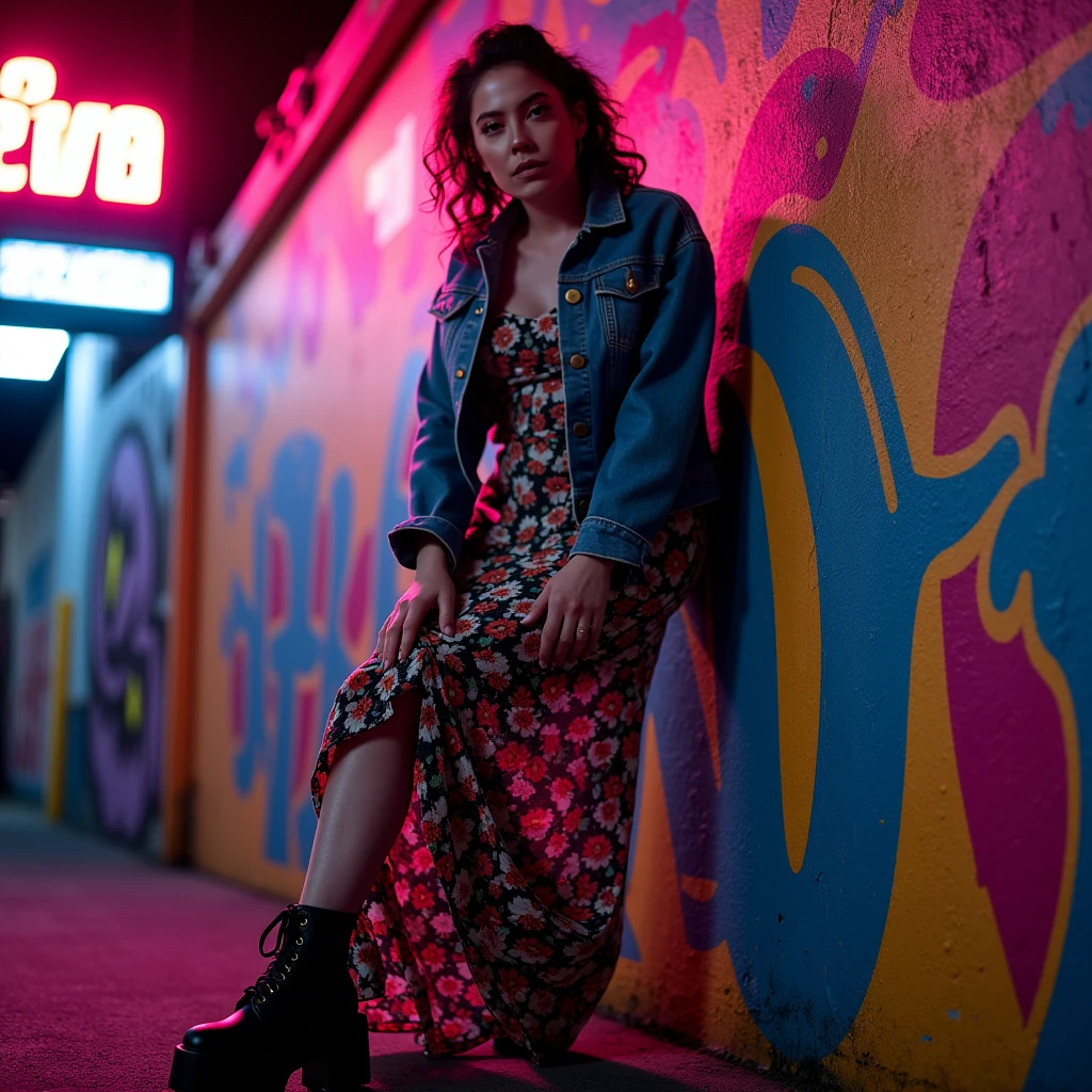 cinematic, masterpiece, ultra detailed textures and colors, 8k, a beautiful woman against a graffiti-covered wall in a vibrant cityscape at dusk. She wears a vintage denim jacket over a floral maxi dress, with chunky boots for a modern twist. Her hair is styled in loose curls, and she sports bold, dark eyeliner. The scene is captured with a mirrorless camera using a wide-angle lens to emphasize the urban environment, with neon lights reflecting in her eyes, creating a lively and rebellious mood..,bshp,bbriggs,bshbrs