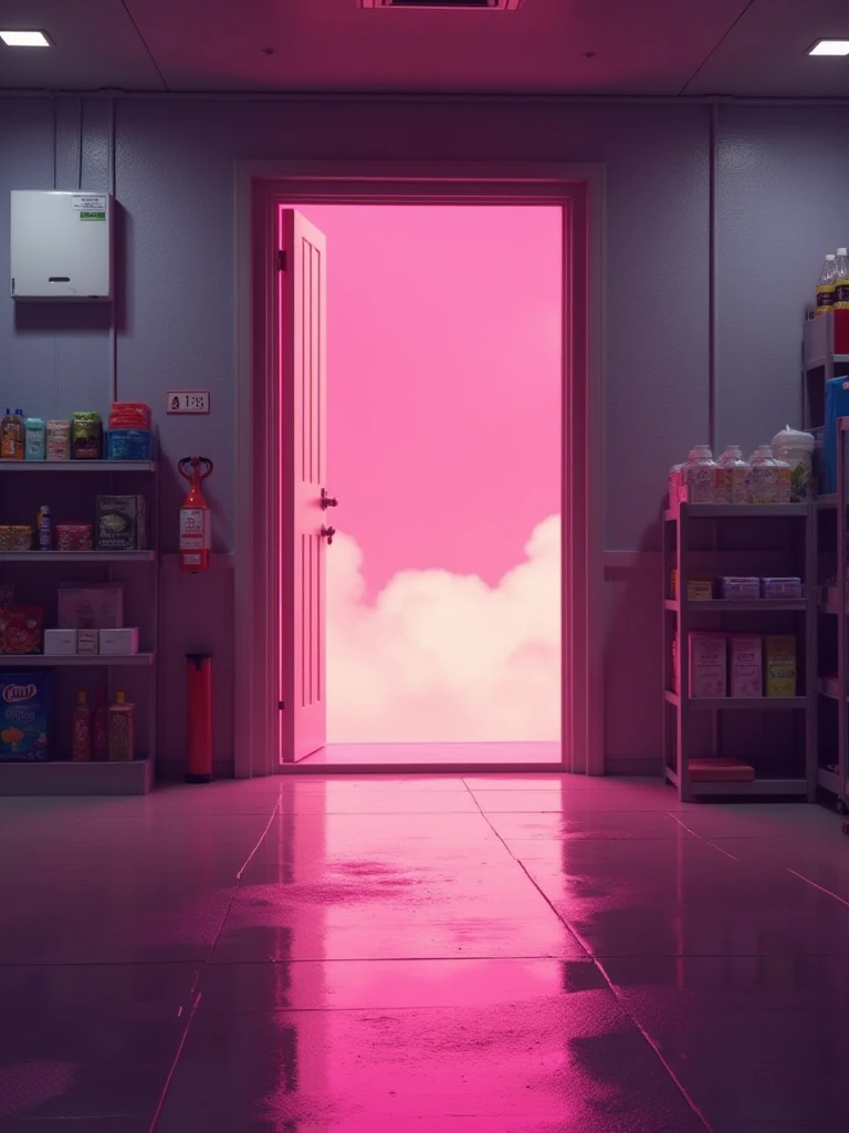 a high upstairs step door in supermarket,leading to pink sky,rainy