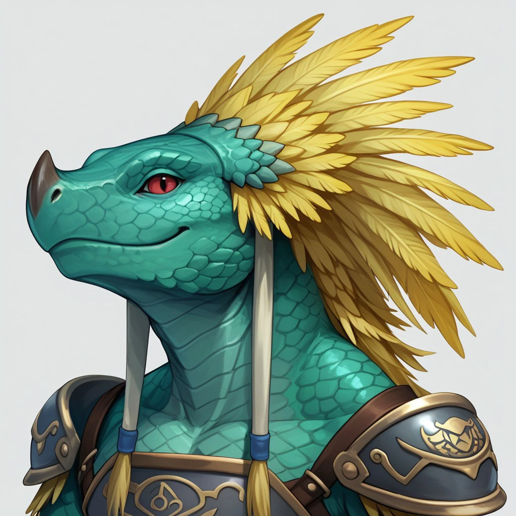 lizardman sc3, lizardman, male, reptile, scalie, anthro, furry, greenish teal scales, greenish cyan scales, yellow feathers, red eyes, armor, solo, closed mouth, looking at viewer, smile, smiling at viewer, portrait, grey background, simple background, scales, masterpiece, ultra detailed, high quality, score_9, score_8_up, score_7_up, score_6_up, score_5_up, score_4_up