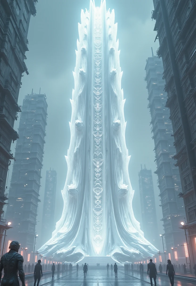 A towering skyscraper made entirely of smooth alabaster, its surface glowing faintly under neon lights in a futuristic city. The structure contrasts sharply with the surrounding gritty, high-tech environment, where cybernetic figures and flying cars populate the scene. The visual style recalls classic cyberpunk dystopian worlds, with a sleek, ultra-modern twist.