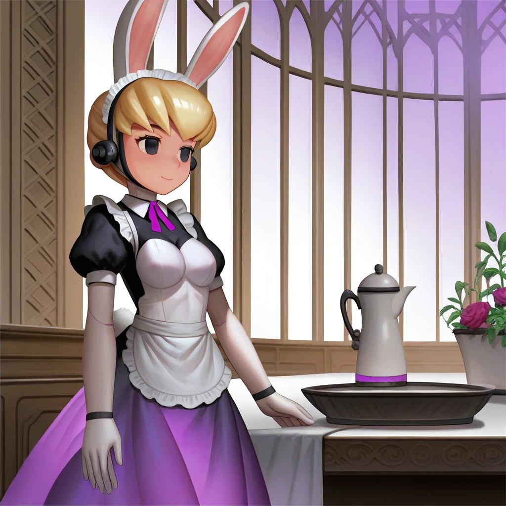 score_9, 2d, anime, luxury spa, (digital artwork), high quality, beautiful, detailed, indoors, ((solo)), buffy-sugo, ((white skin)), robot, robot joints, white helmet, short hair, blonde hair, black eyes, rabbit ears, rabbit tail, (purple glowing elements:1.2), standing, ((maid dress)), hands in front, light smile, closed smile