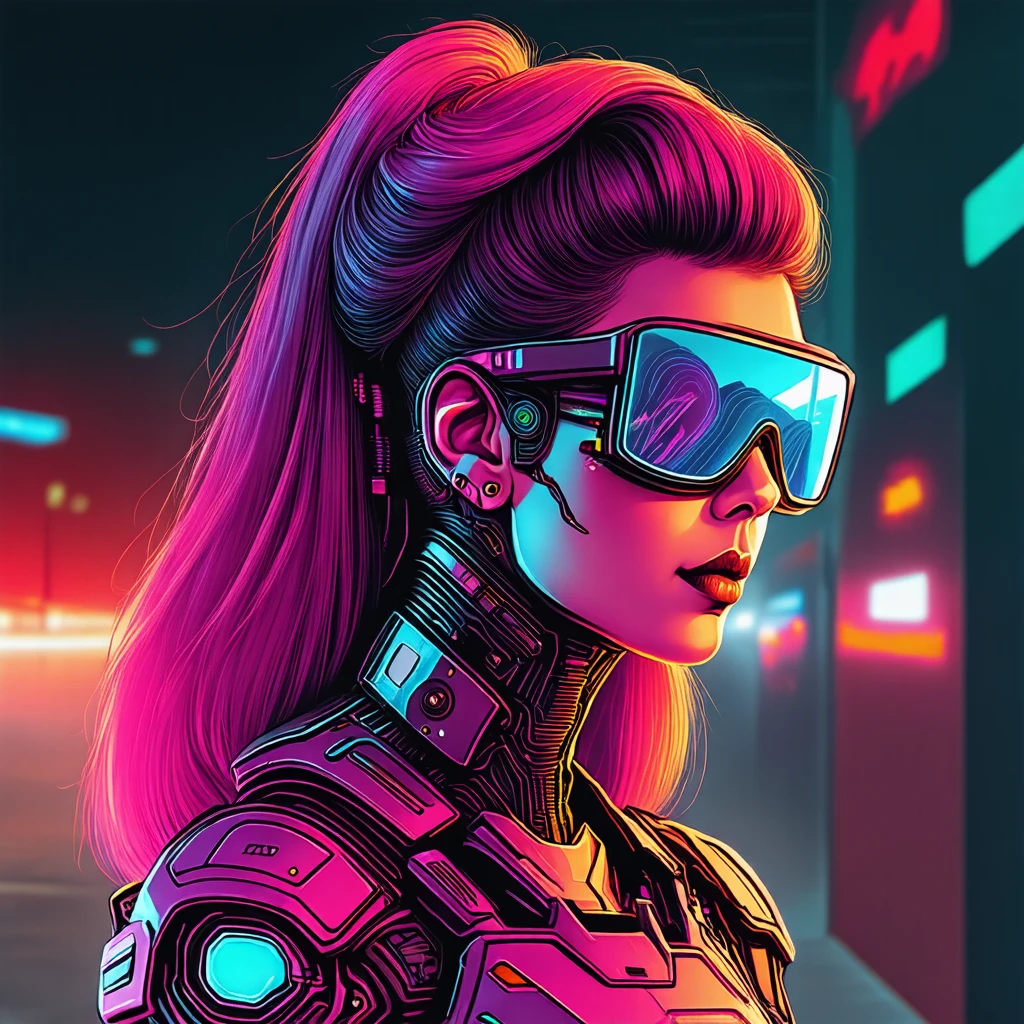 synthwave illustration, A side profile of a woman with striking purple hair, wearing advanced cybernetic armor and augmented reality glasses. The background is indistinct but suggests an urban environment at night or in artificial lighting. There are no visible vehicles in the image; focus is on the futuristic technology worn by the main subject.