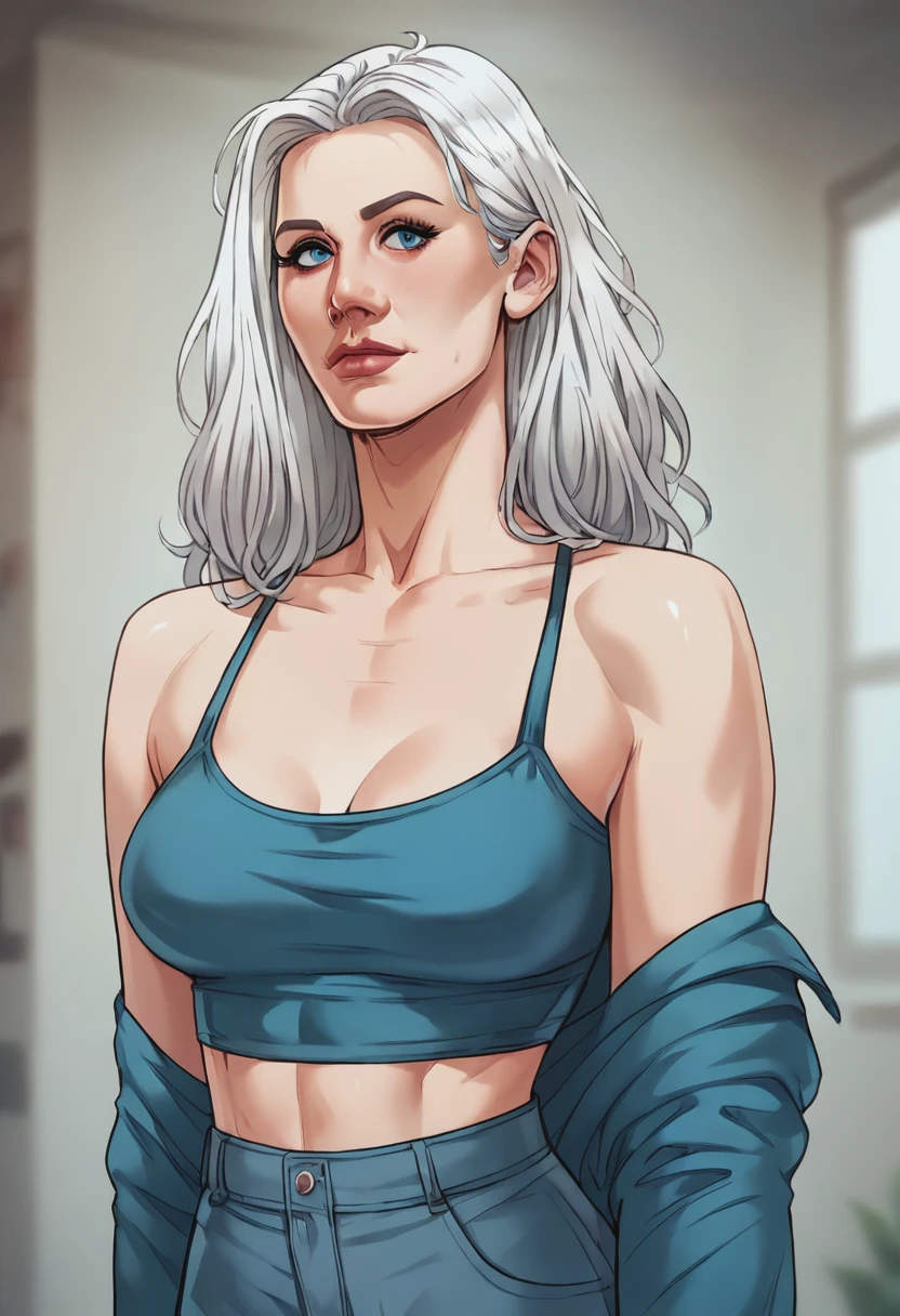 score_9, score_8_up, score_7_up, 1girl, mature_female, large_breasts, portrait, solo, looking_at_viewer, open_eyes, flat color, Leaning against an invisible car, from_below, (Alice blue Athleisure), messy hair, mullet, White hair, portrait, rating_safe, <lora:pony\artist_styles\eva_kiss_pony:1.0>