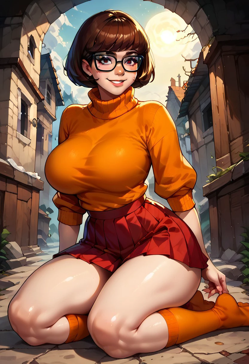 Score_9_up, score_8_up, score_7_up,  1girl, glamorous, scooby_doo, velma, short hair, glasses, brown hair, bangs, black-framed eyewear, orange sweater, red pleated skirt, socks, big breasts, smile, dungeon background