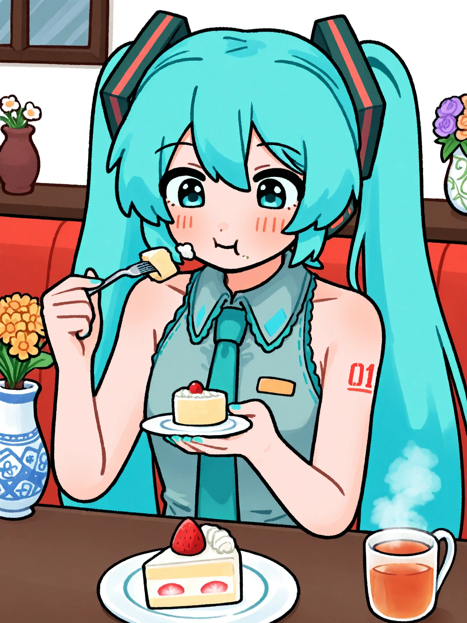 omufujoshi,

BREAK, 1girl, hatsune miku, twintails, arm tattoo, aqua nail polish, aqua hair, aqua eyes,

cake slice, plate, holding fork, chewing, eating, tea, steam out of tea, flower vase, restaurant, 

close-up, facing viewer, looking down, 