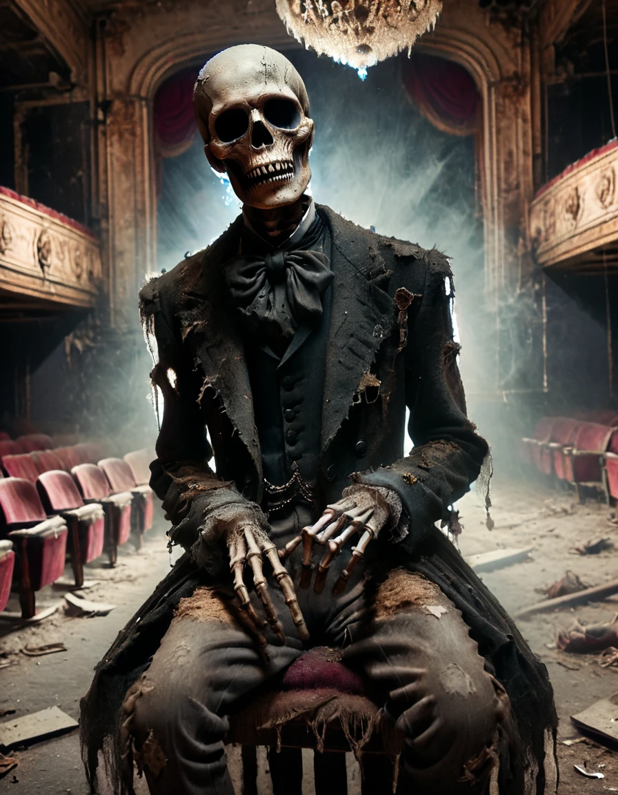 ral-hrthtr skeleton in decaying formal wear, seated in grand theater hall, rotting velvet seats, shattered chandelier above, ethereal fog filling space, faint whispers in background, haunting vibe
<lora:ral-hrthtr-sdxl:1>