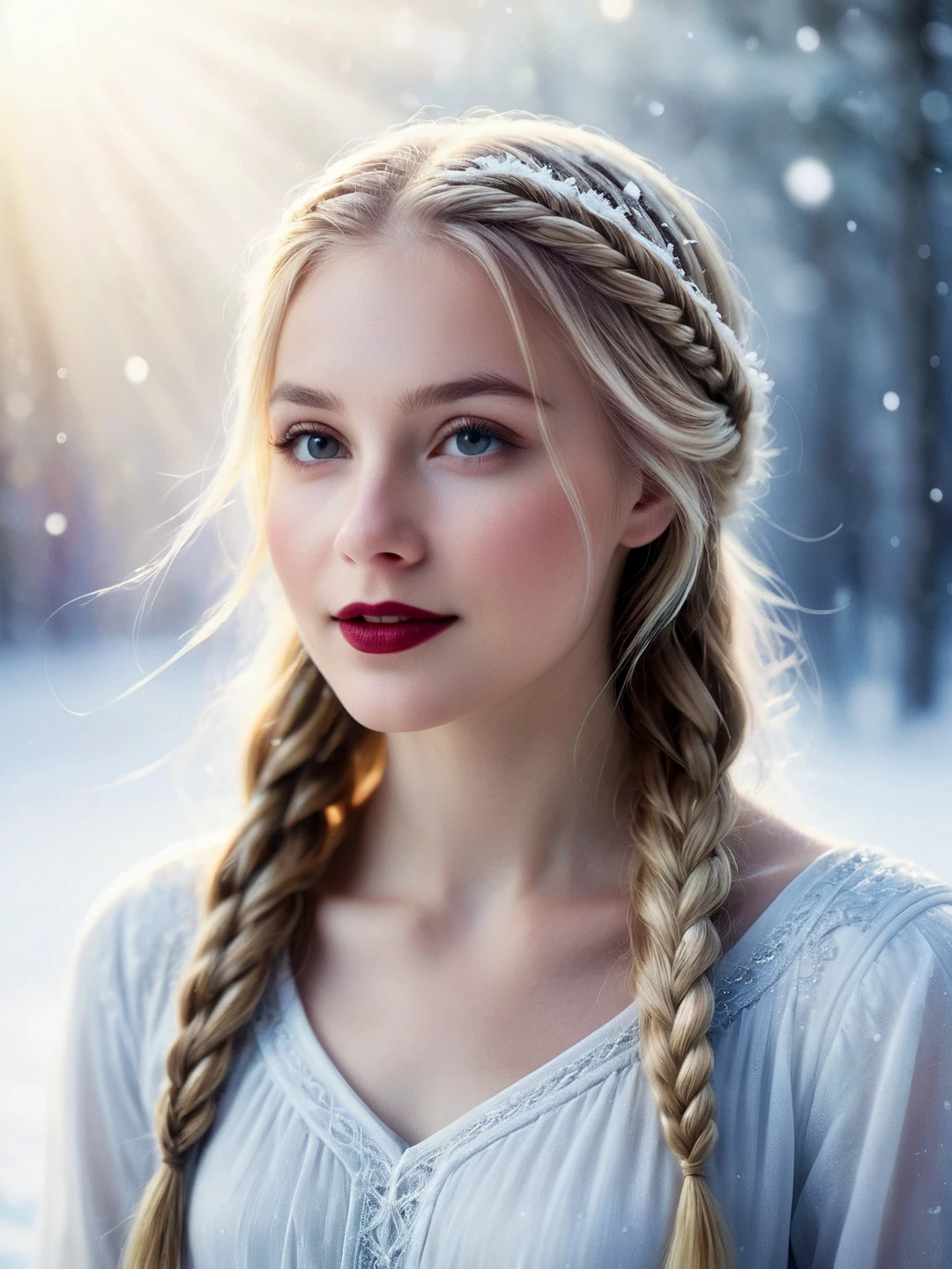 A blonde Swedish young woman in the snow, shrouded by brilliant white light, smiling at the sky. Braided blonde hair. Crimson lipstick. Dark eyes. Mysterious.
<lora:FntsyLightShow01_CE_SDXL_64x32x220x2bOT:0.6> fntsylghtshwCE_style